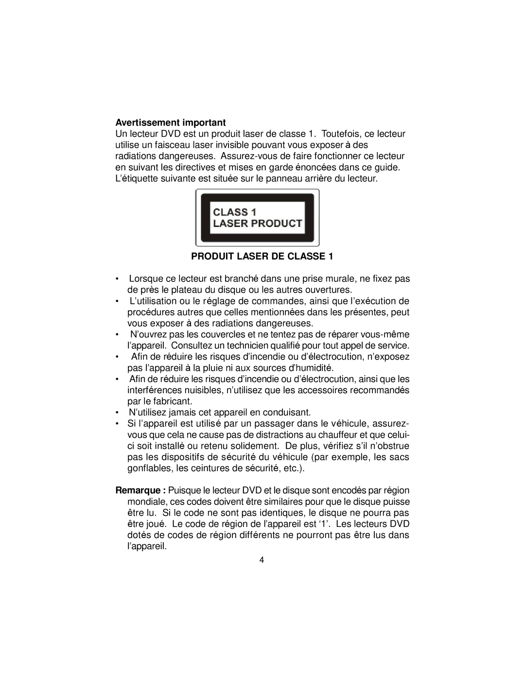 Koss KS5429-2 owner manual Avertissement important, Produit Laser DE Classe 