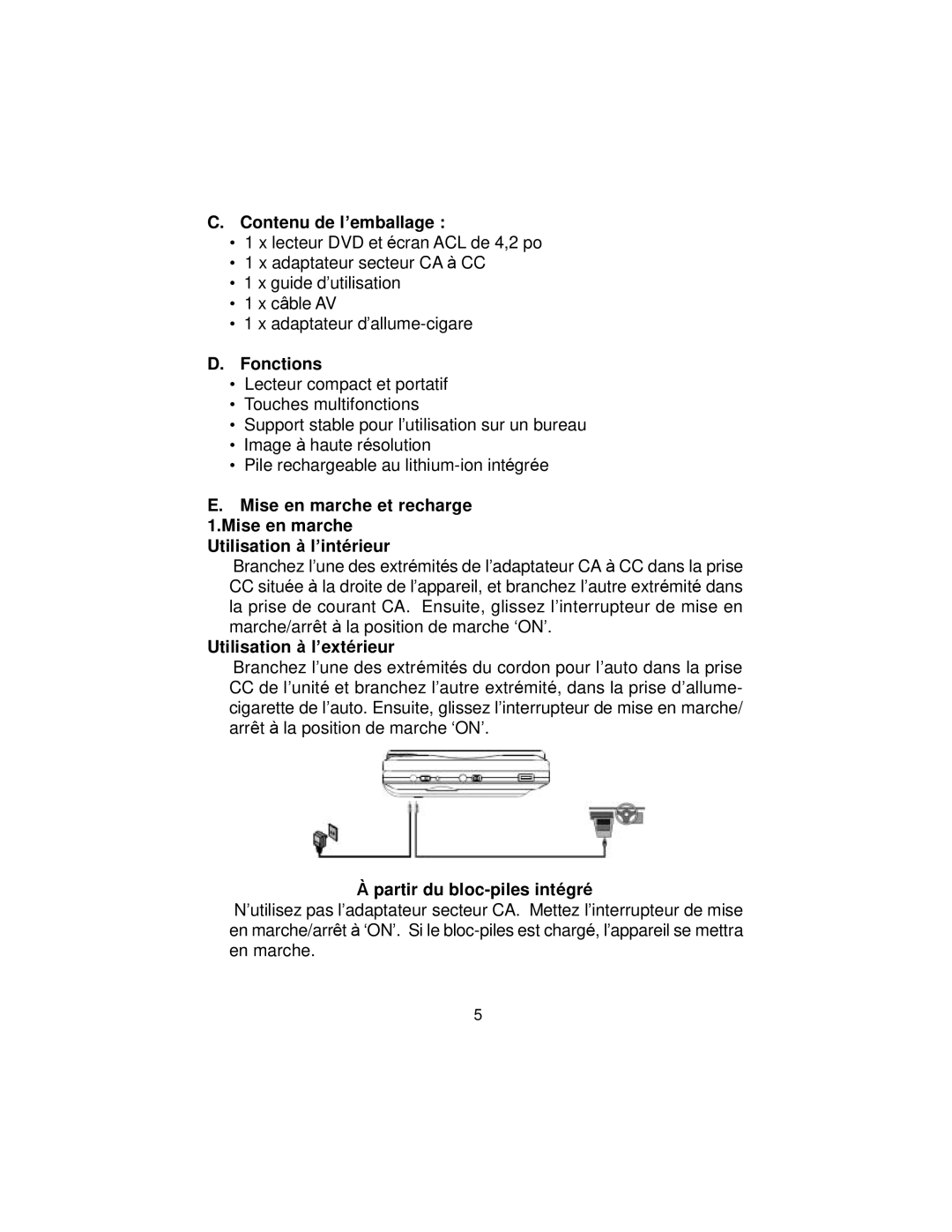 Koss KS5429-2 owner manual Contenu de l’emballage, Fonctions, Utilisation à l’extérieur, Partir du bloc-piles intégré 