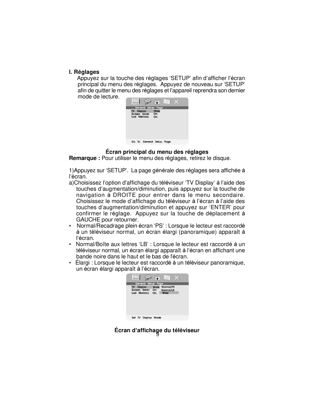 Koss KS5429-2 owner manual Réglages, Écran d’affichage du téléviseur 