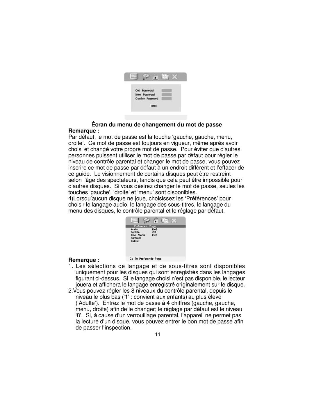 Koss KS5429-2 owner manual Écran du menu de changement du mot de passe Remarque 