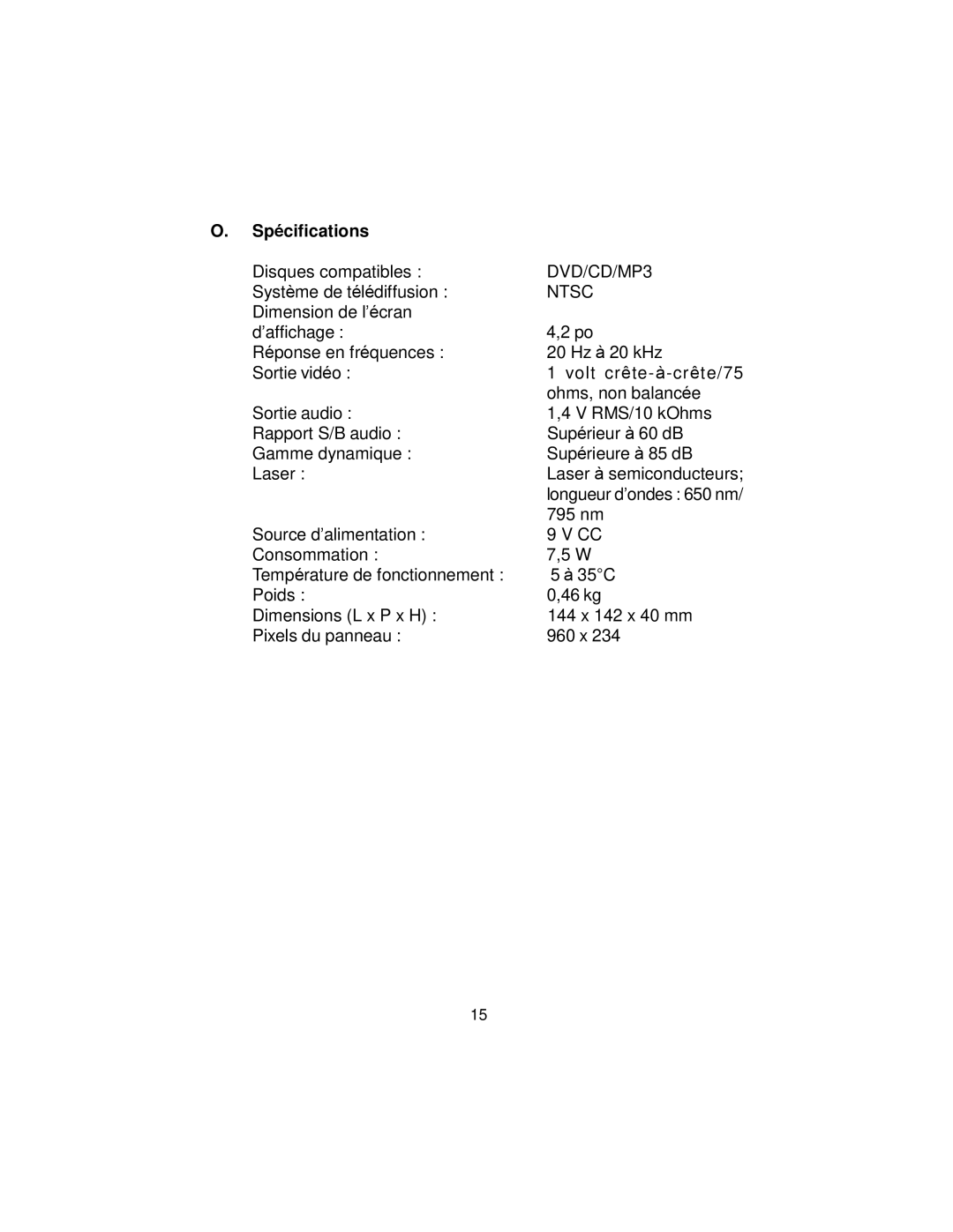 Koss KS5429-2 owner manual Spécifications, Ntsc 