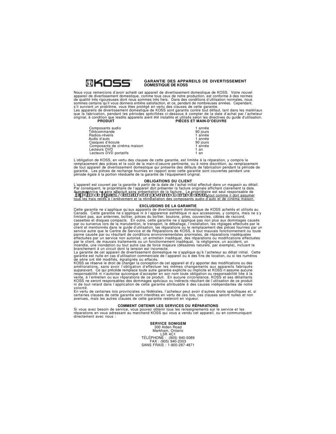 Koss KS5429-2 owner manual Service Sonigem 