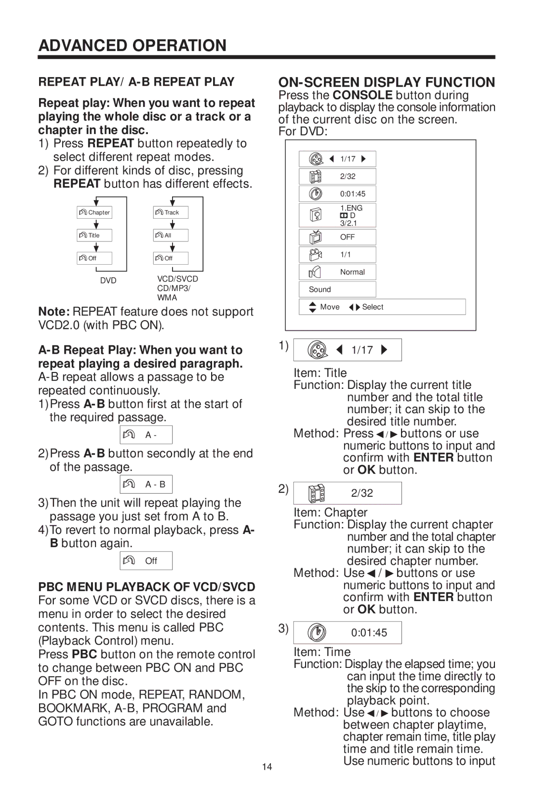 Koss KS5845-2 Advanced Operation, Repeat PLAY/ A-B Repeat Play, For DVD, Item Time, Use numeric buttons to input 