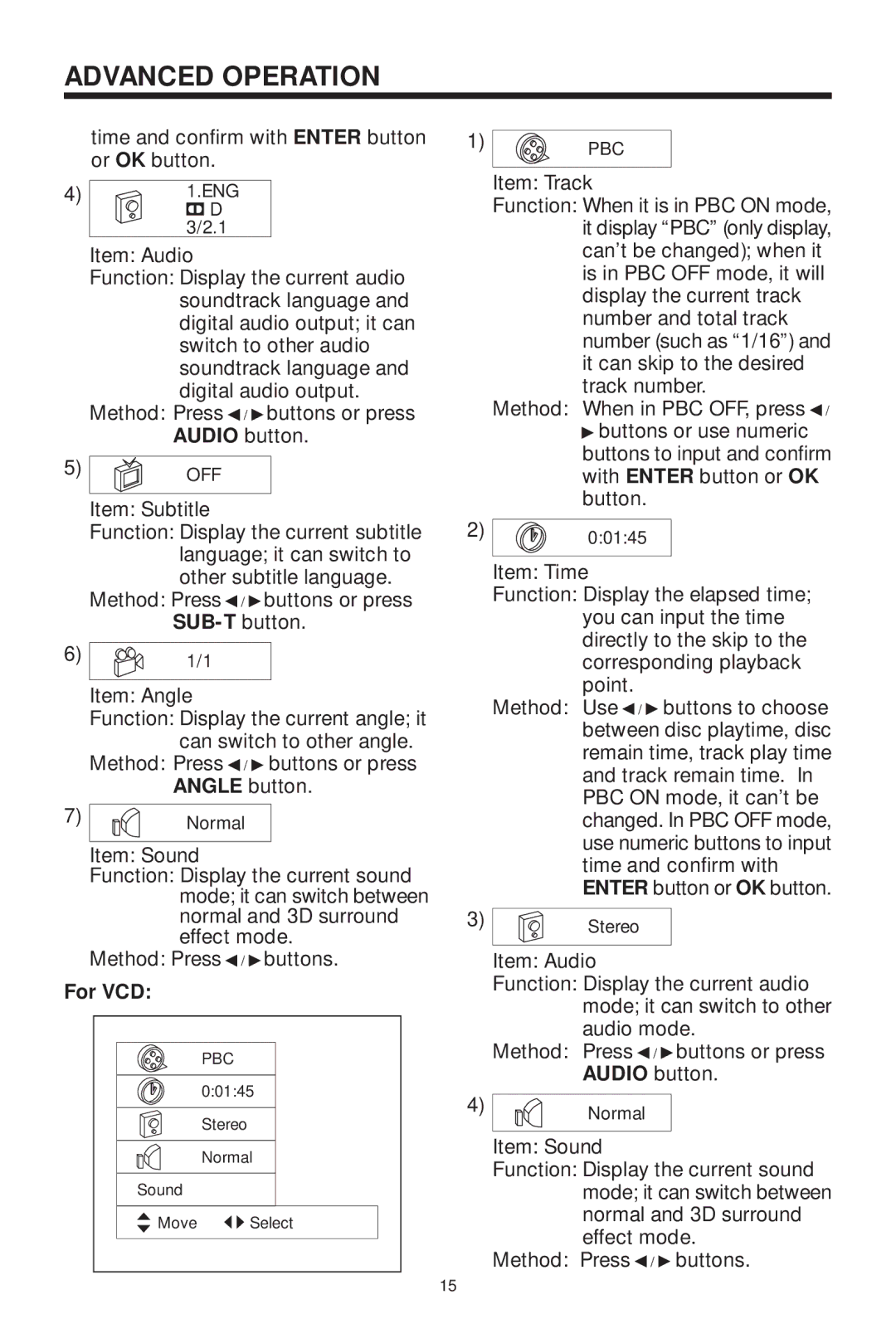 Koss KS5845-2 owner manual Time and confirm with Enter button 1 or OK button, Item Sound, For VCD, Item Track 