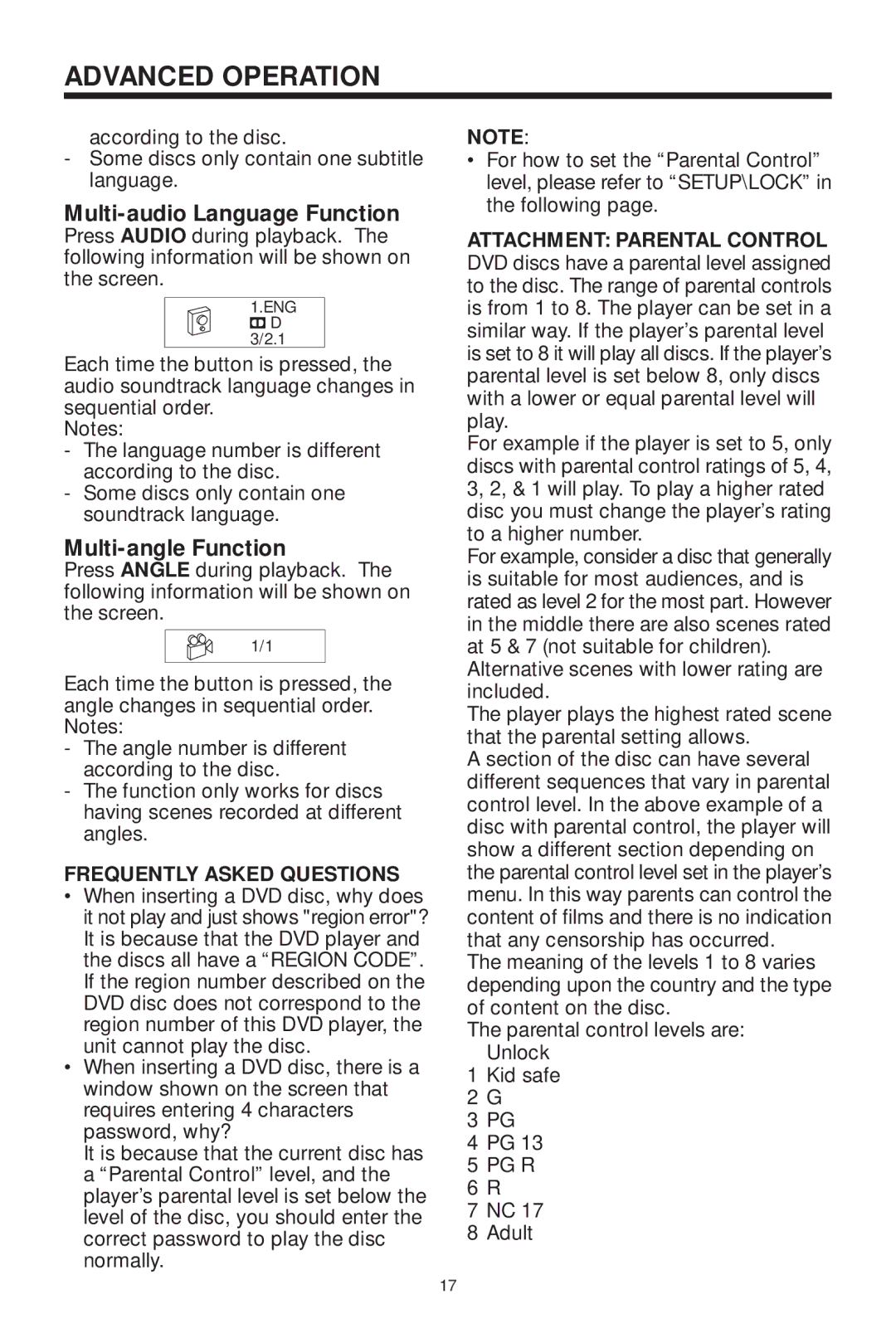 Koss KS5845-2 owner manual Multi-audio Language Function, Multi-angle Function, Frequently Asked Questions 