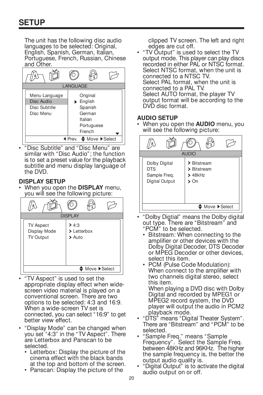 Koss KS5845-2 owner manual Display Setup, Audio Setup 