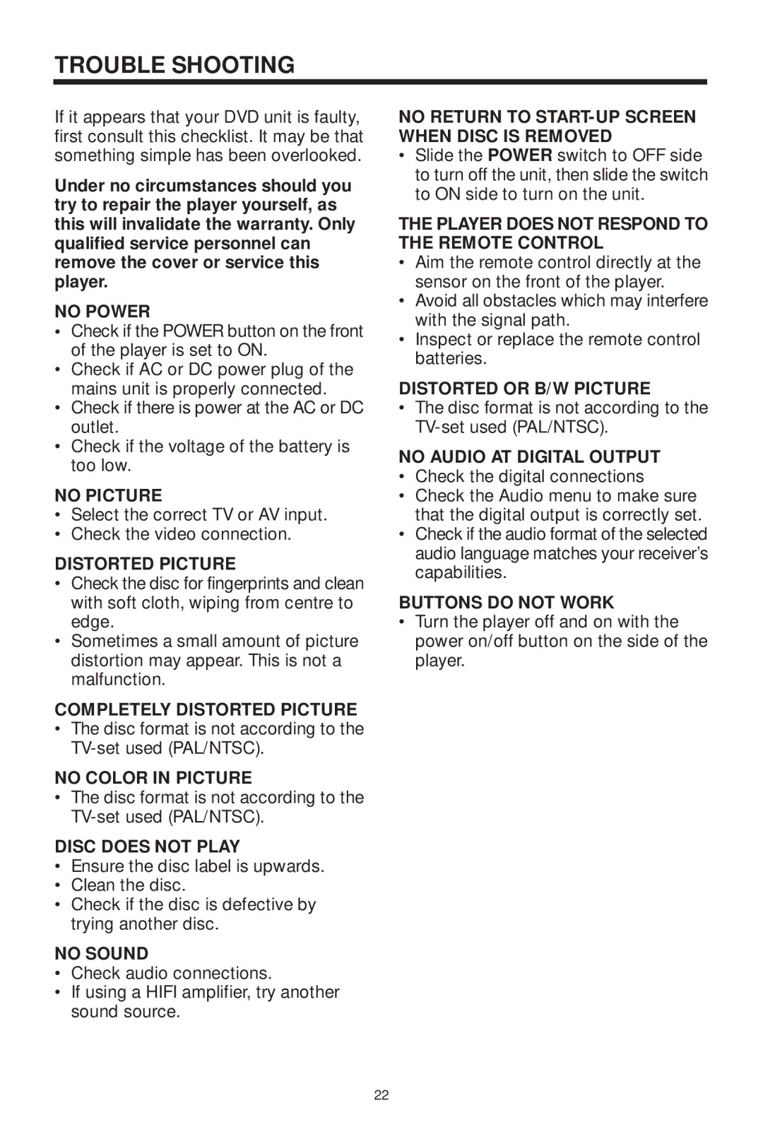 Koss KS5845-2 owner manual Trouble Shooting 