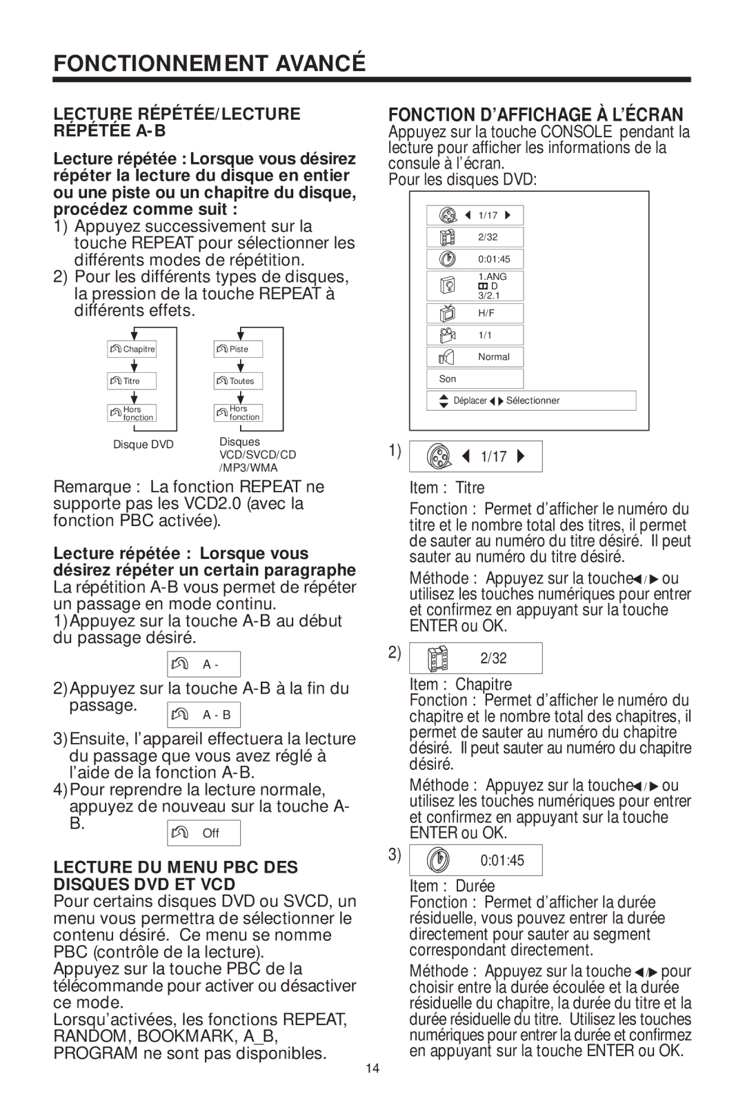 Koss KS5845-2 Fonctionnement Avancé, Lecture RÉPÉTÉE/LECTURE Répétée A-B, Lecture DU Menu PBC DES Disques DVD ET VCD 