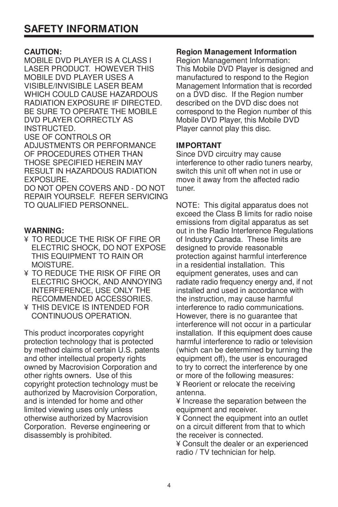 Koss KS5845-2 owner manual Safety Information, Region Management Information Region Management Information 