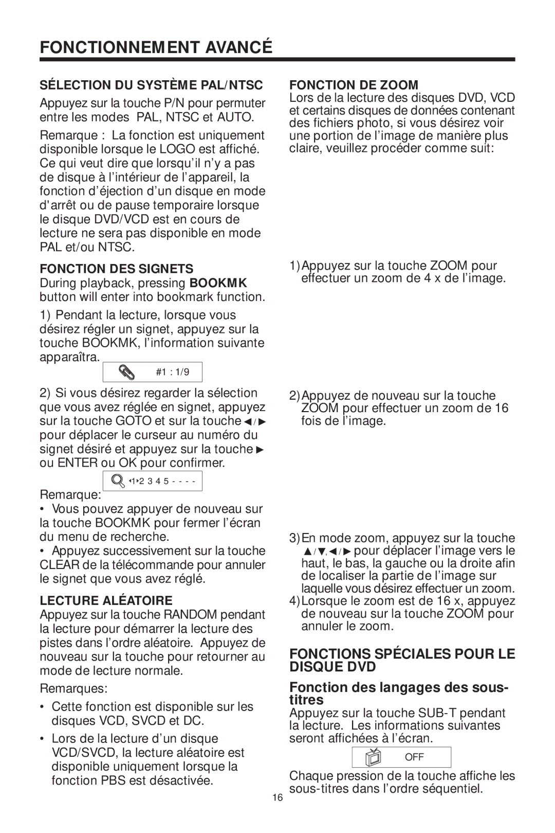 Koss KS5845-2 owner manual Fonction des langages des sous- titres, Sélection DU Système PAL/NTSC, Fonction DES Signets 