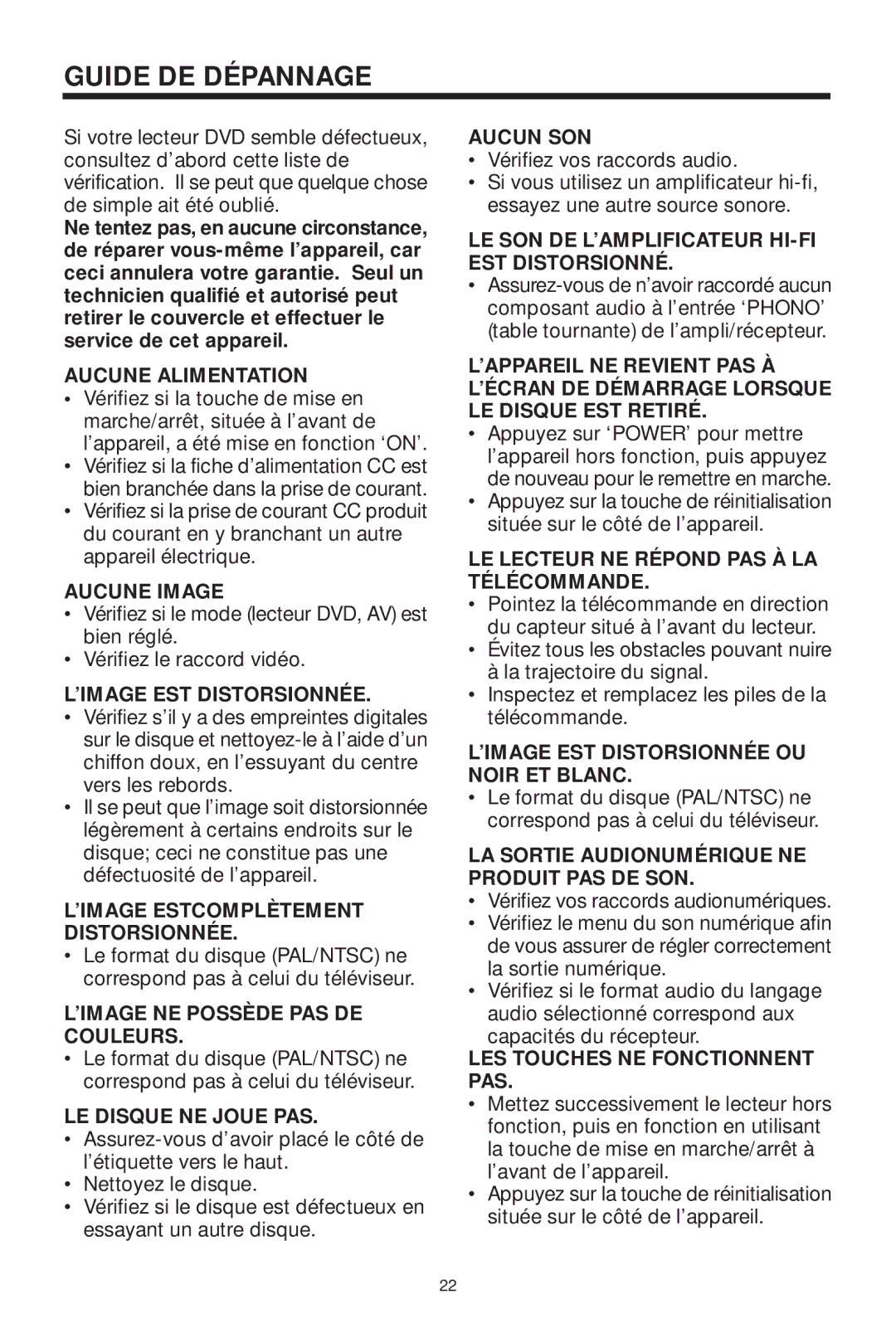 Koss KS5845-2 owner manual Guide DE Dépannage 