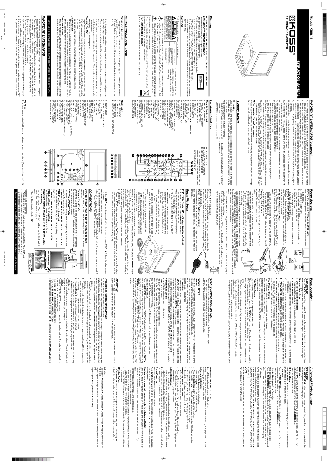 Koss KS5846 instruction manual Important Safeguards continue, Getting started, Power Sources, Basic operation 