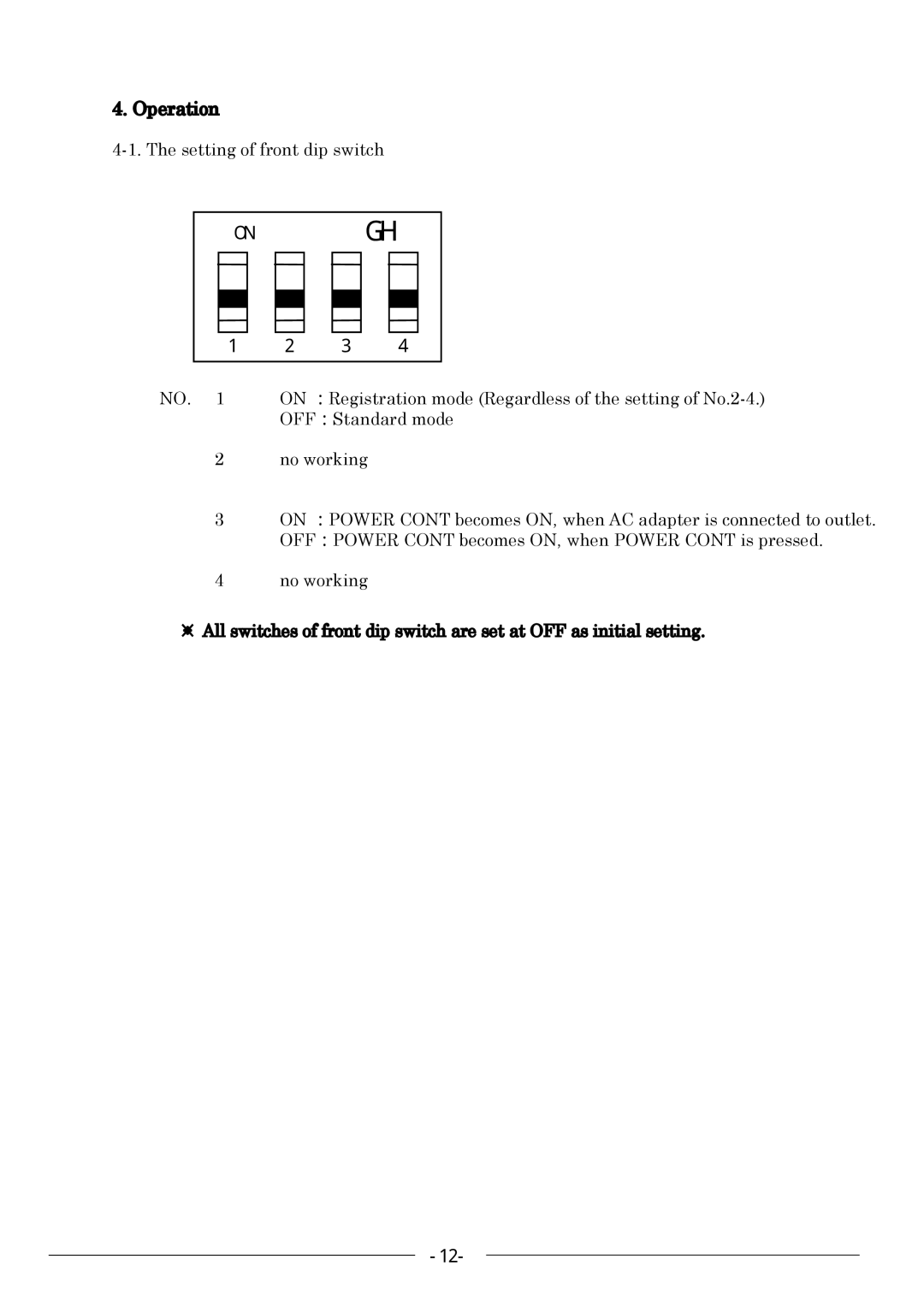 Kowa KE811CT instruction manual Operation, Setting of front dip switch 