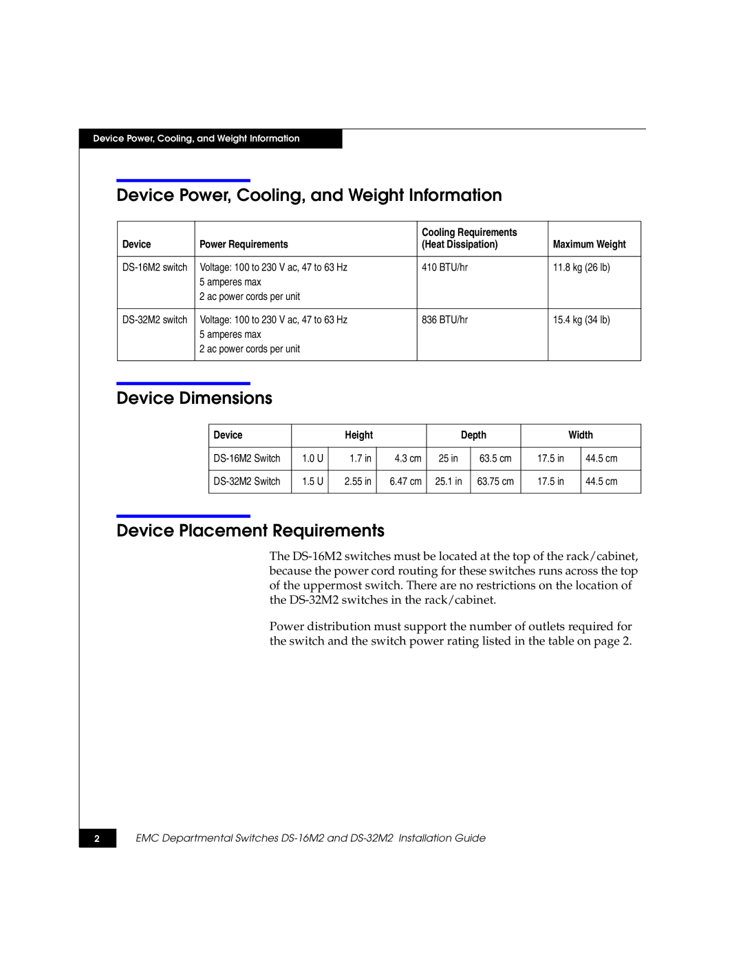 Kraftware Corporation DS-16M2, DS-32M2 Device Power, Cooling, and Weight Information, Device Dimensions 