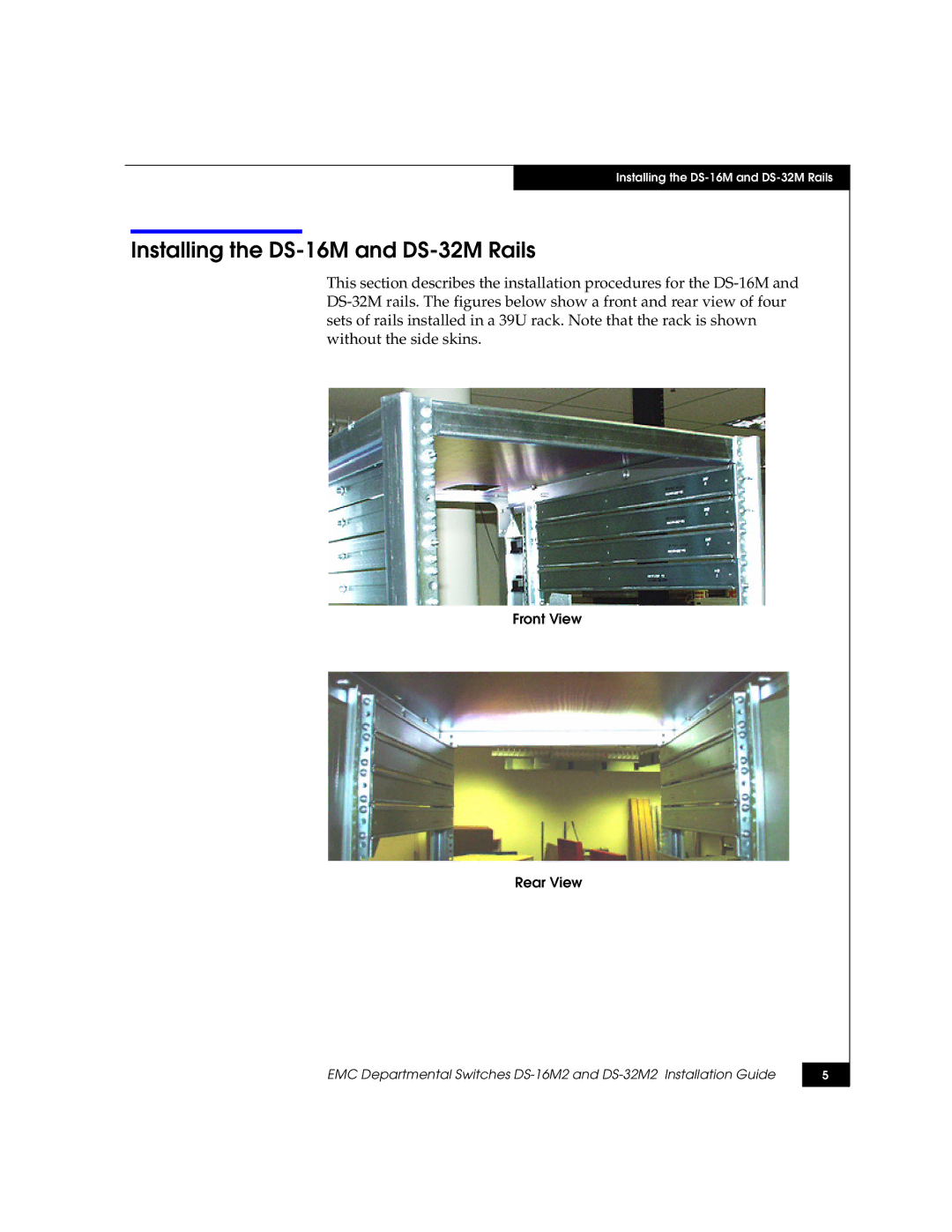 Kraftware Corporation DS-32M2, DS-16M2 Installing the DS-16M and DS-32M Rails, Front View Rear View 