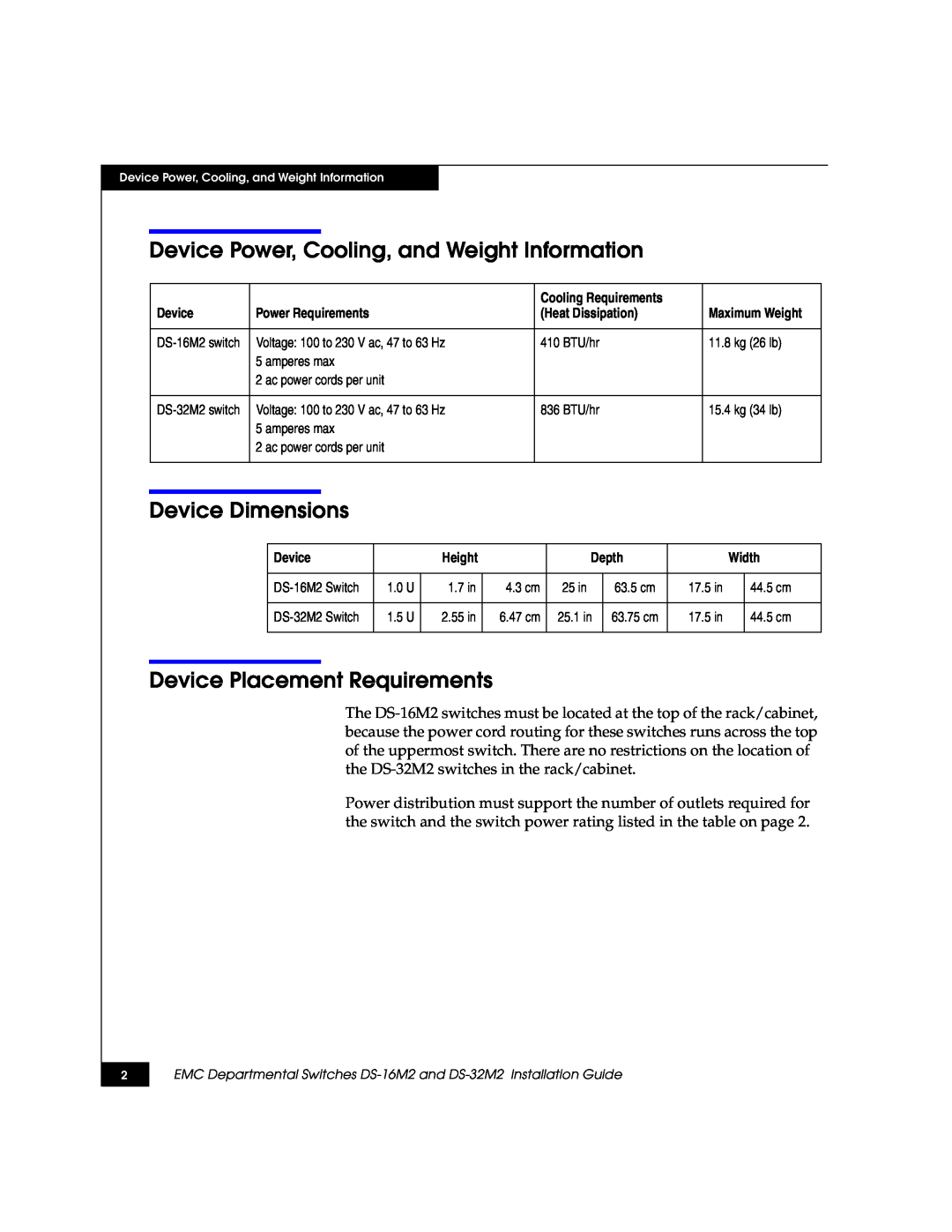 Kraftware Corporation DS-16M2 Device Power, Cooling, and Weight Information, Device Dimensions, Cooling Requirements 