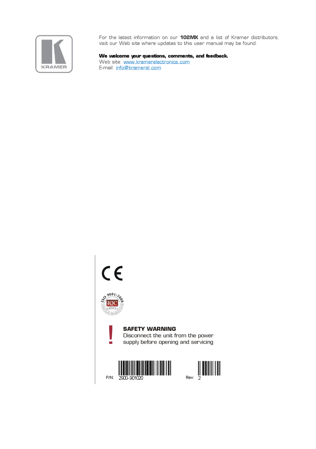 Kramer Electronics 102 mx user manual Safety Warning 