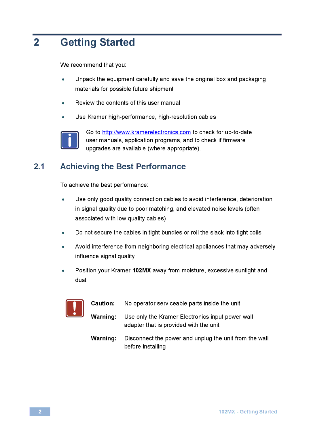 Kramer Electronics 102 mx user manual Getting Started, Achieving the Best Performance 