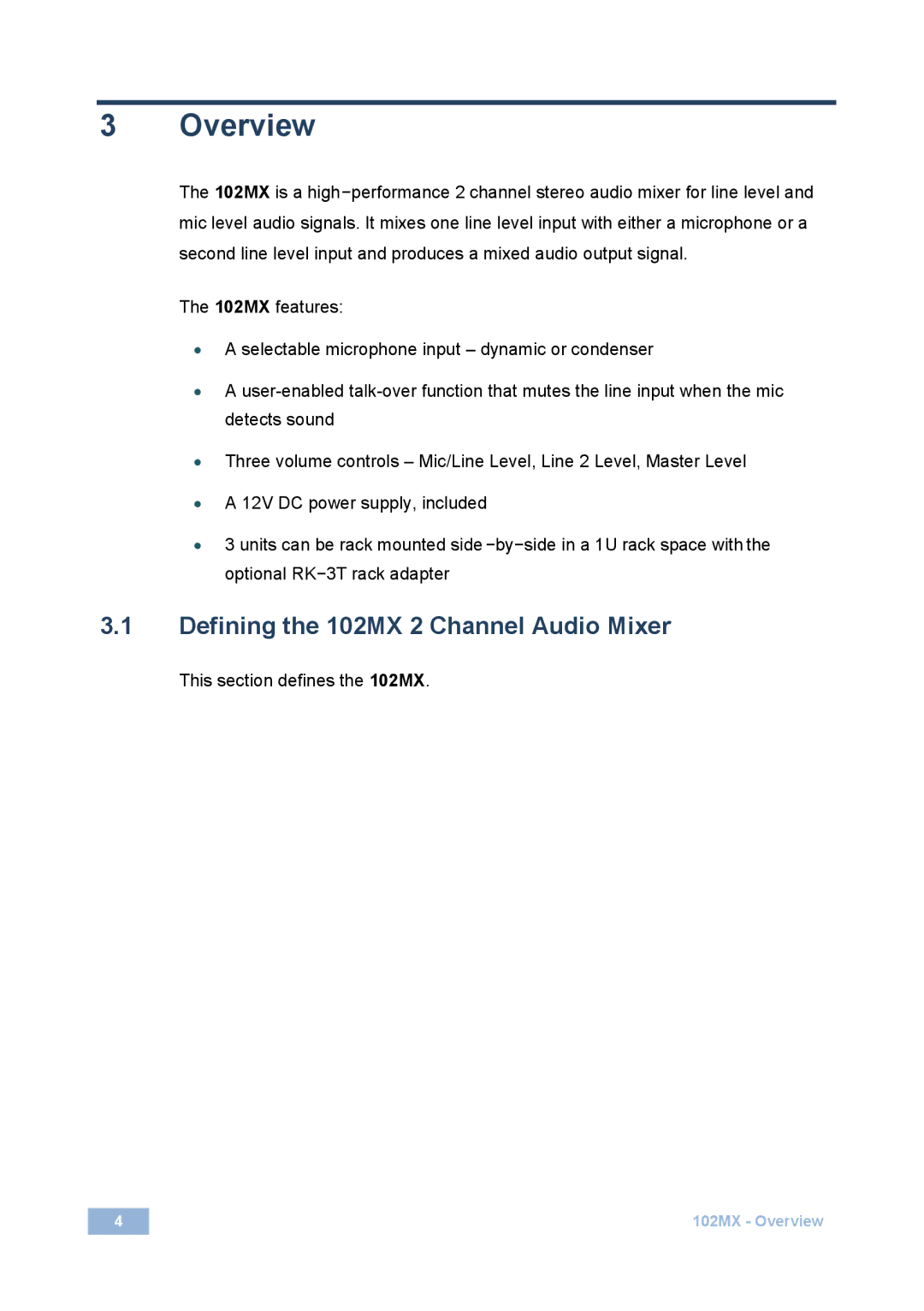 Kramer Electronics 102 mx user manual Overview, Defining the 102MX 2 Channel Audio Mixer 