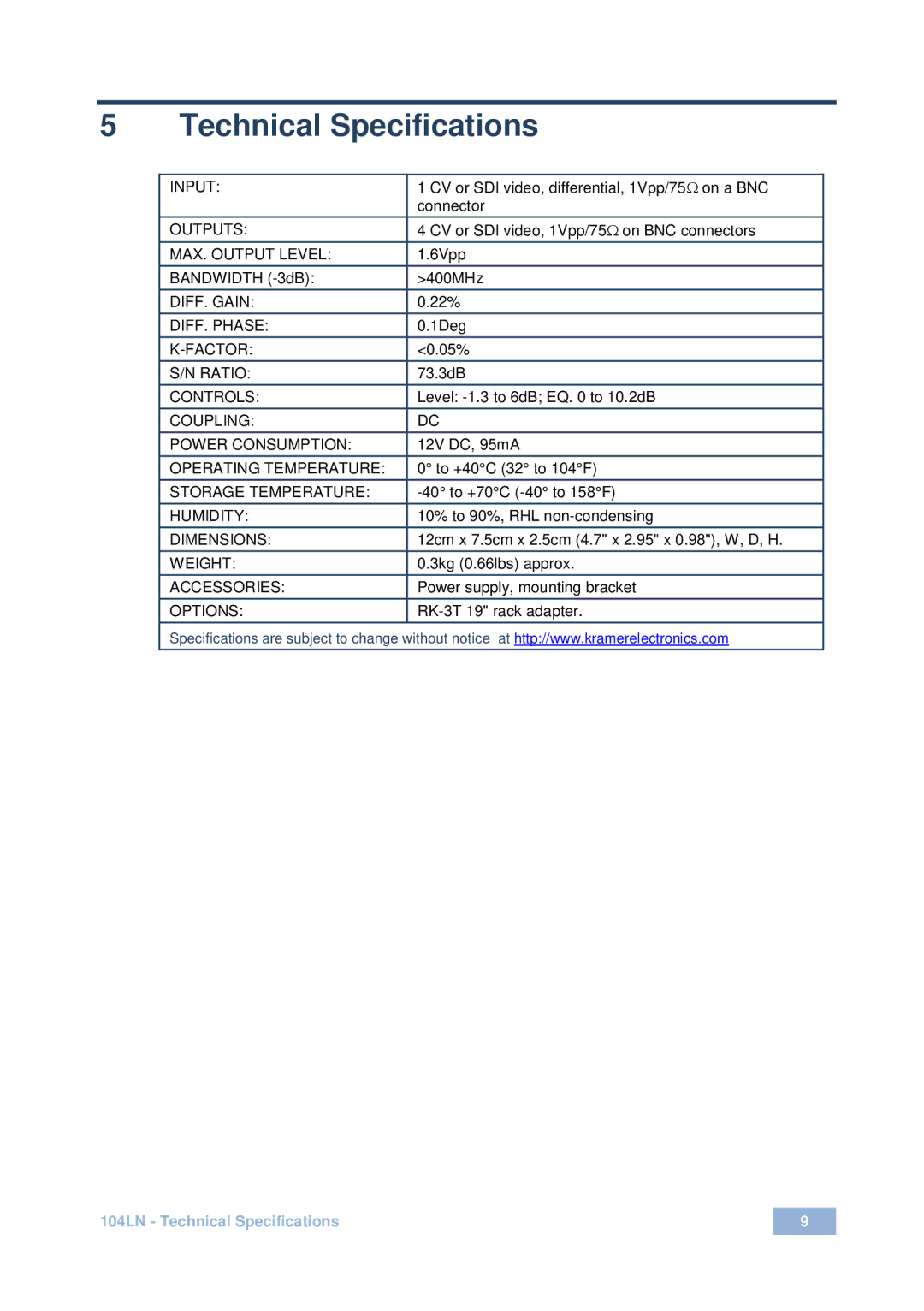 Kramer Electronics 104LN user manual Technical Specifications 