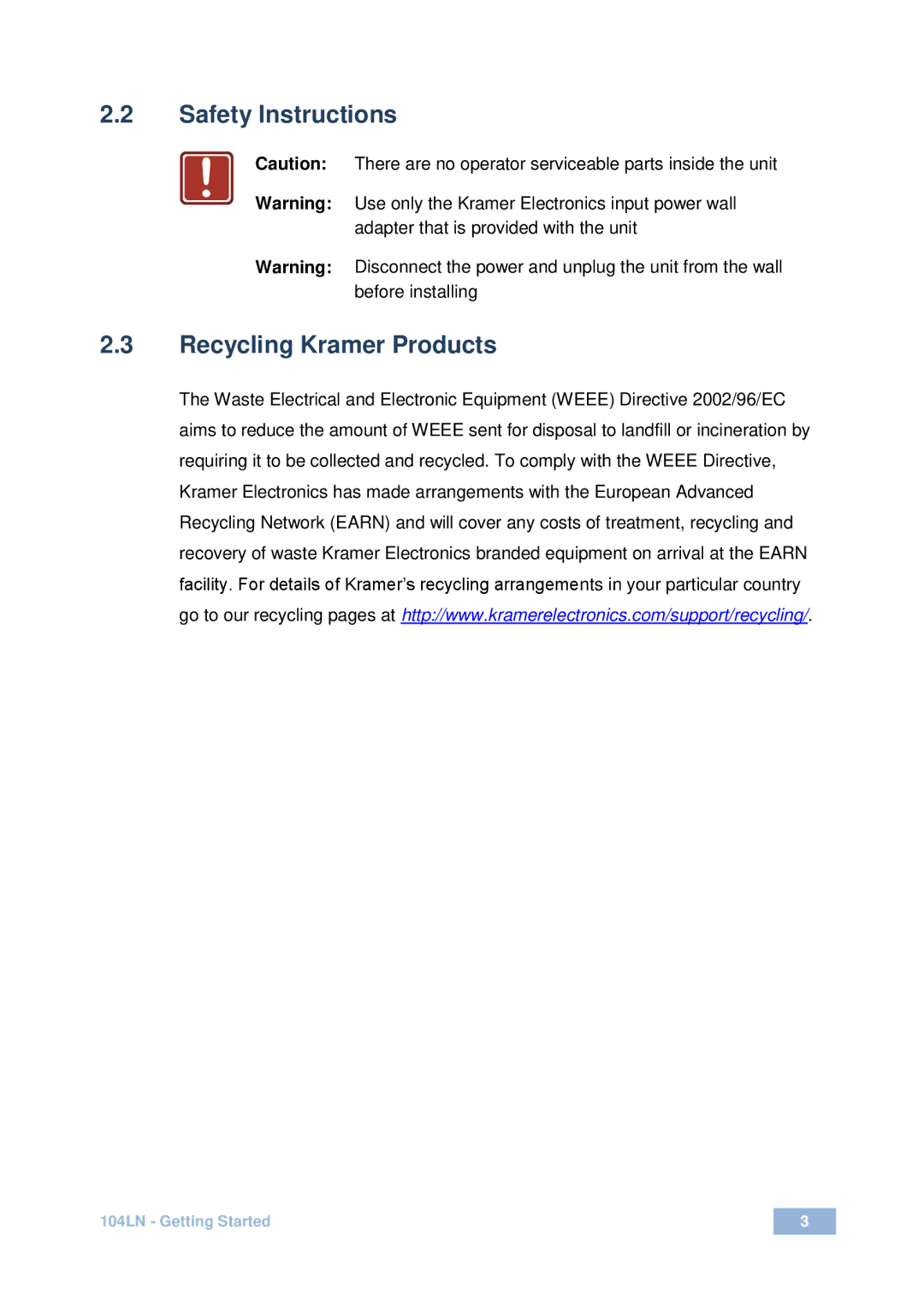 Kramer Electronics 104LN user manual Safety Instructions 