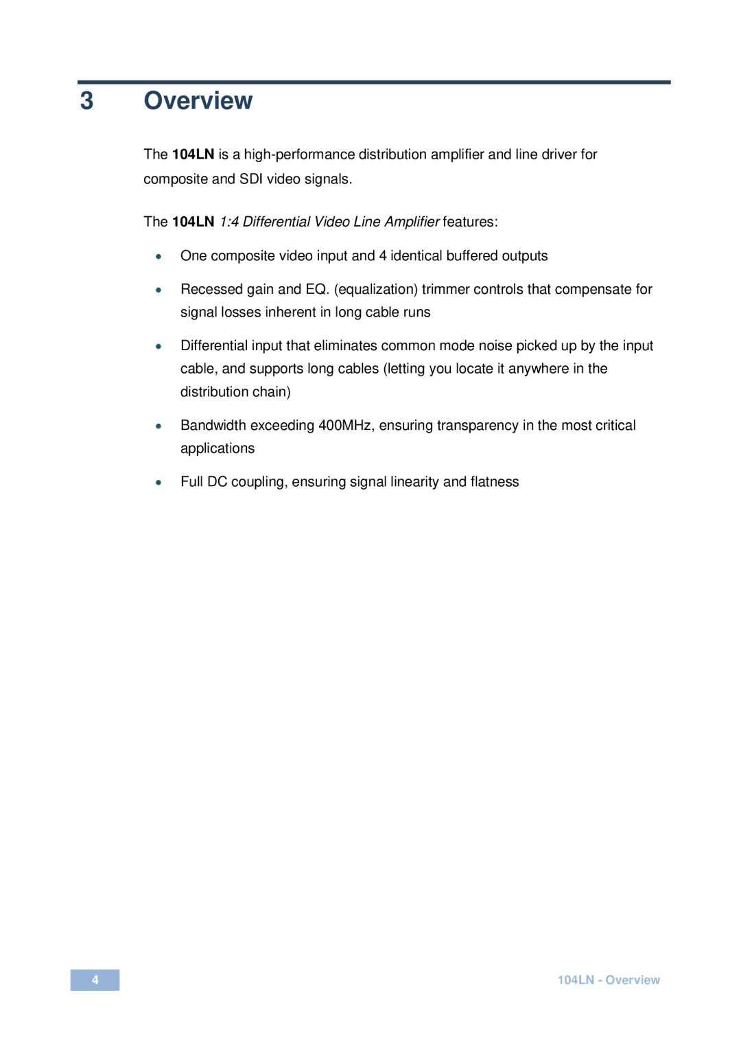 Kramer Electronics user manual Overview, 104LN 14 Differential Video Line Amplifier features 