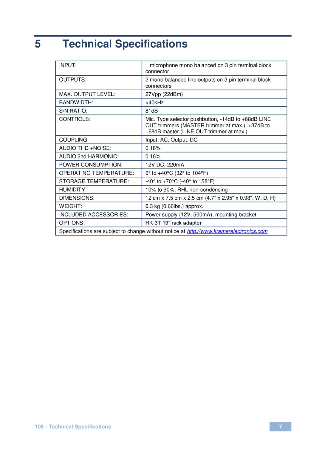 Kramer Electronics 106 user manual Technical Specifications, Controls 