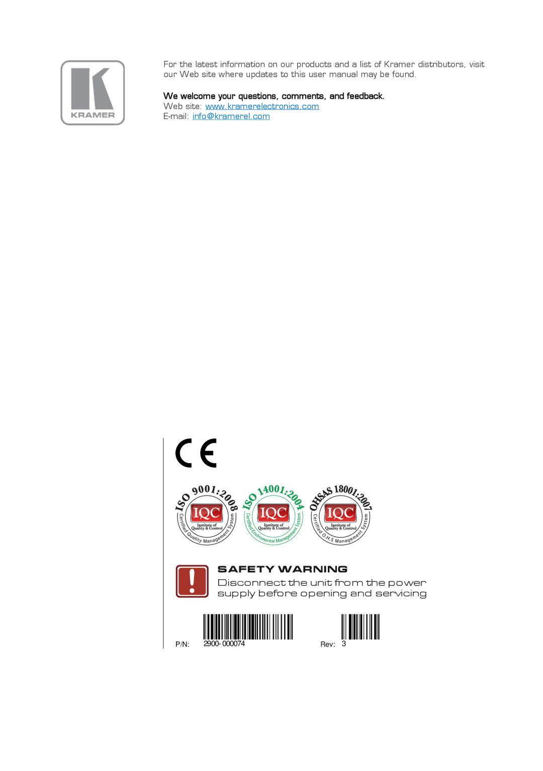 Kramer Electronics 106 user manual Safety Warning 