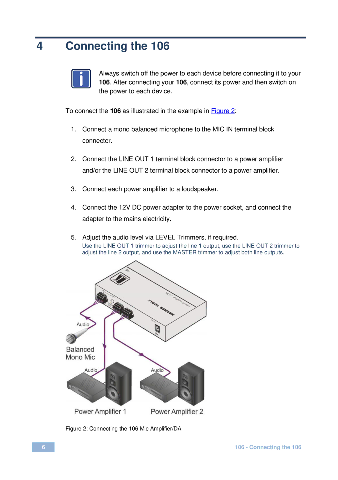 Kramer Electronics user manual Connecting the 106 Mic Amplifier/DA 