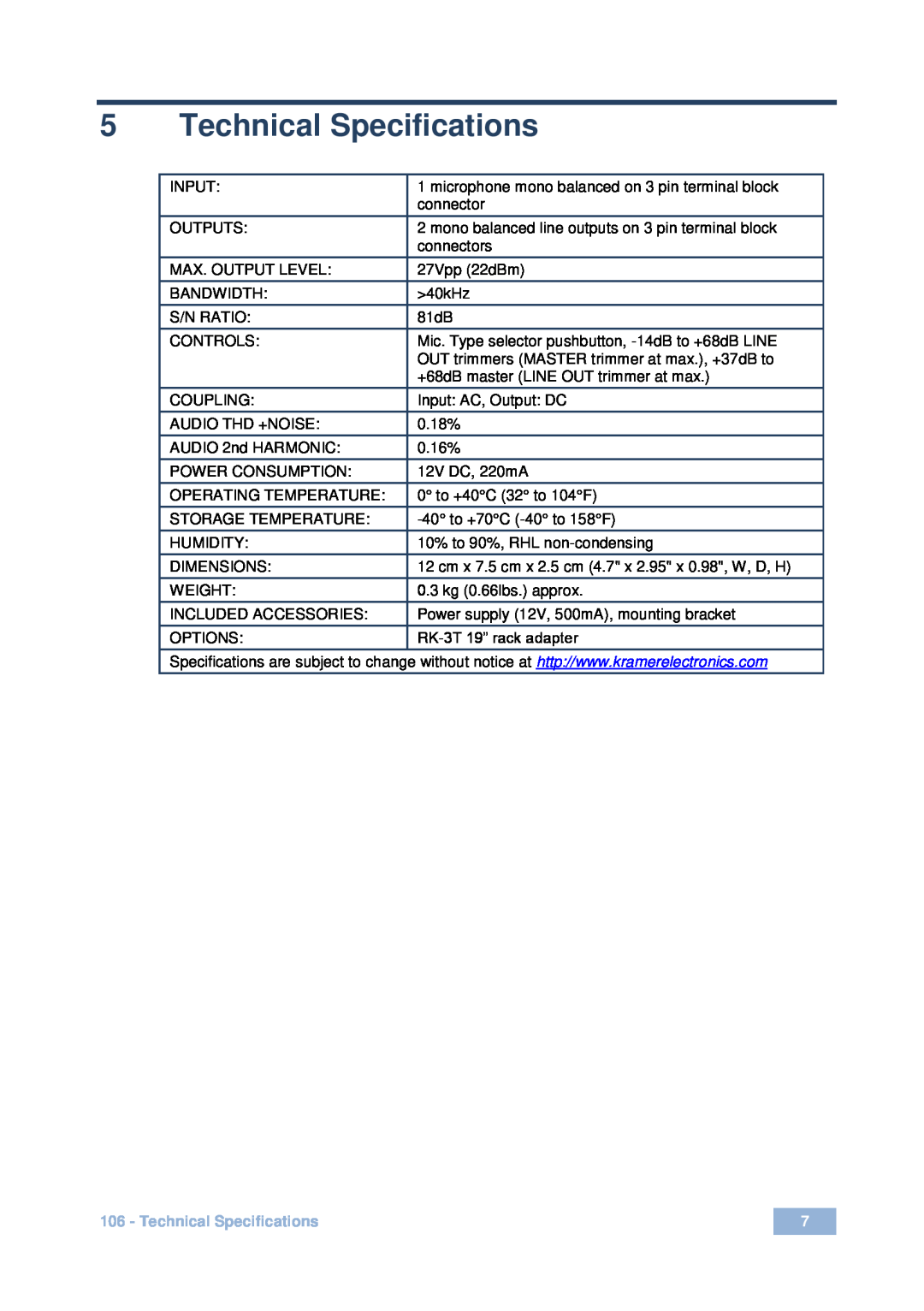 Kramer Electronics 106 user manual Technical Specifications 