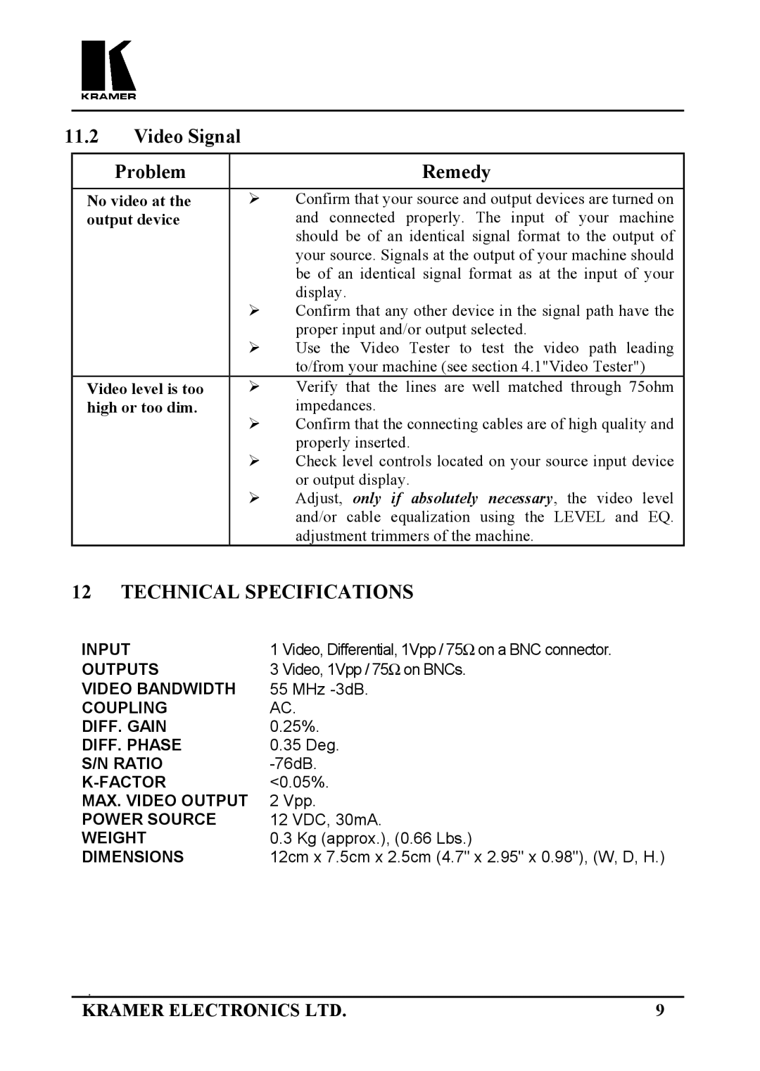 Kramer Electronics 123V user manual Video Signal Problem Remedy, Technical Specifications 