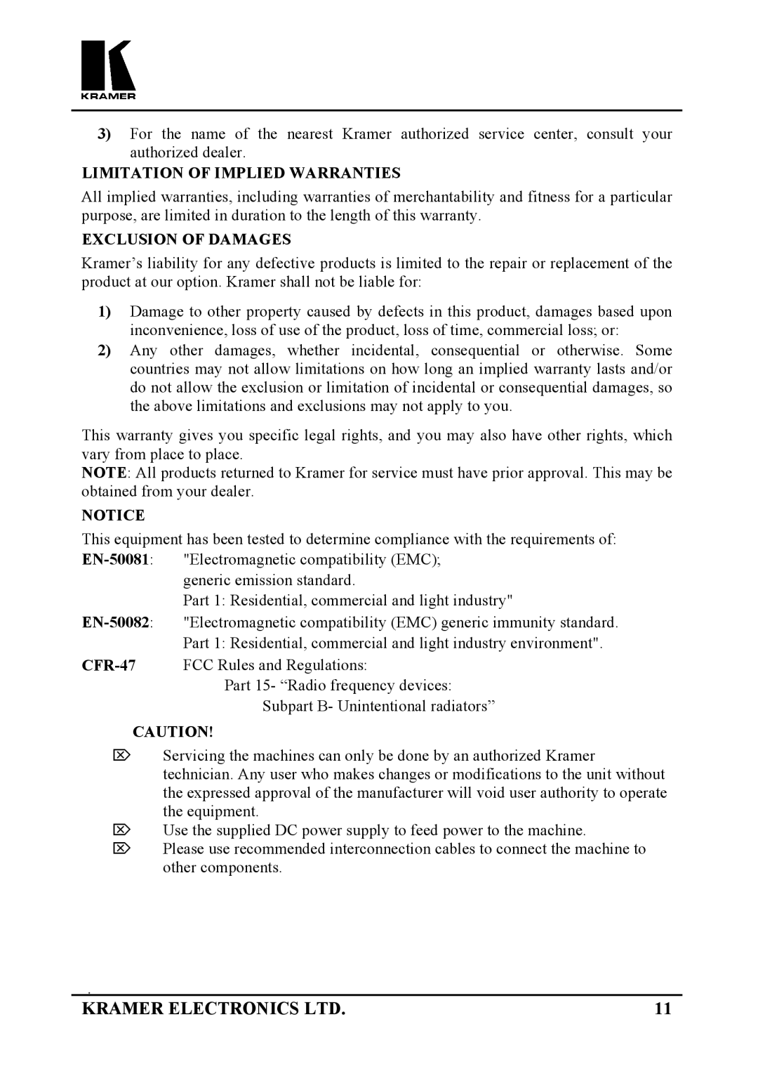 Kramer Electronics 123V user manual Limitation of Implied Warranties 