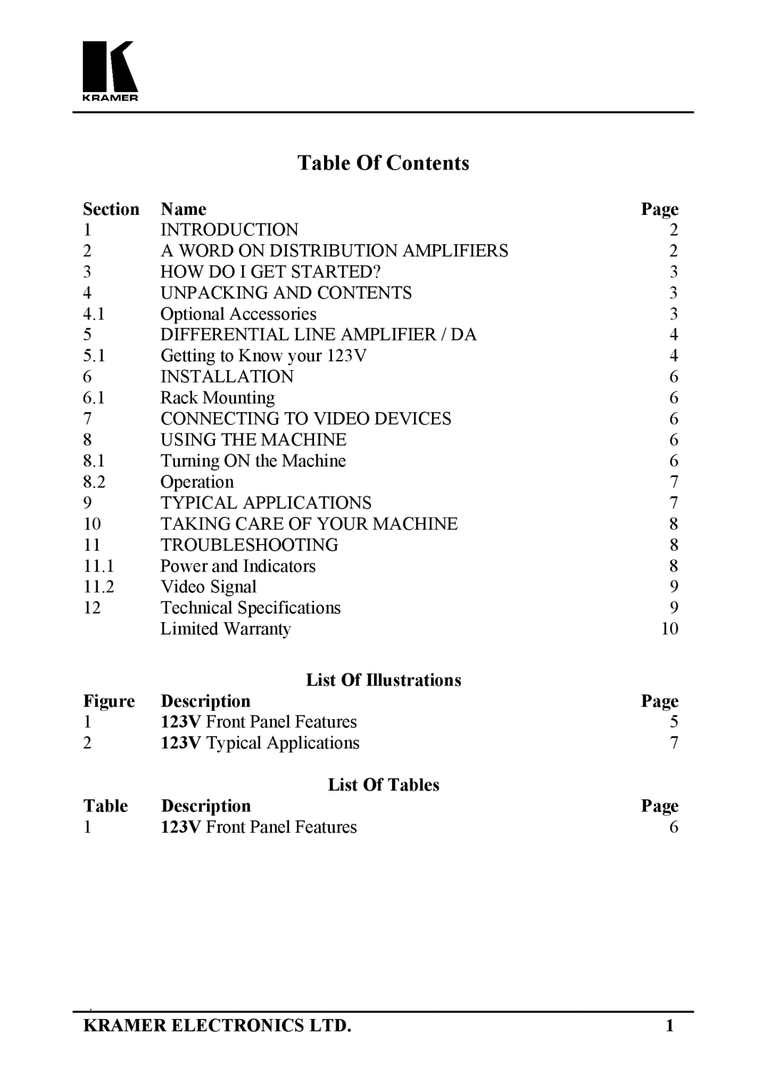 Kramer Electronics 123V user manual Table Of Contents 