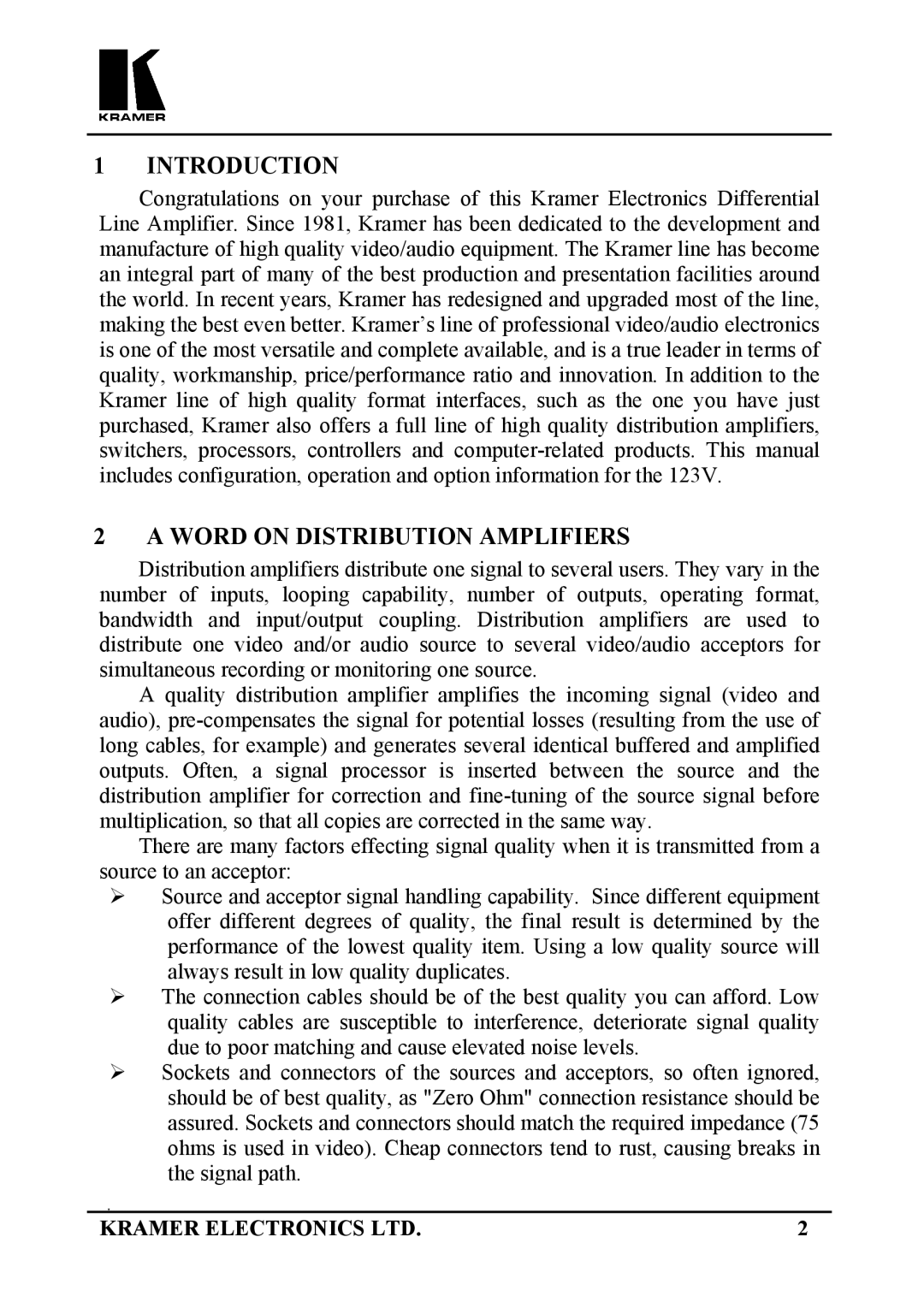 Kramer Electronics 123V user manual Introduction, Word on Distribution Amplifiers 