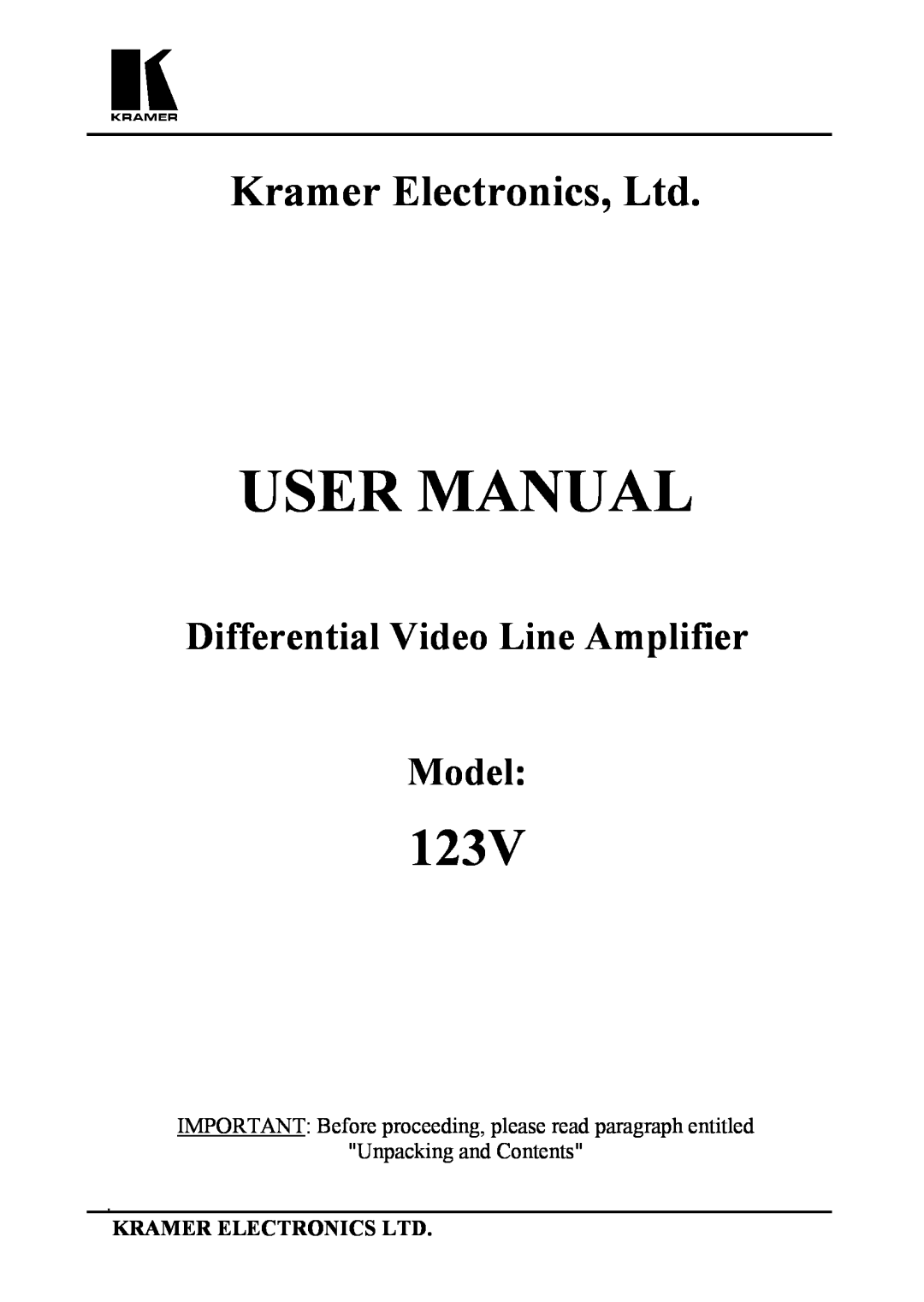 Kramer Electronics 123V user manual User Manual, Differential Video Line Amplifier Model 