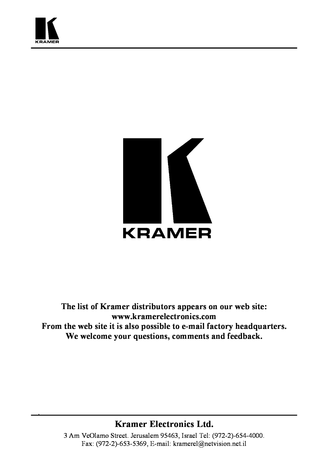 Kramer Electronics 123V user manual The list of Kramer distributors appears on our web site 