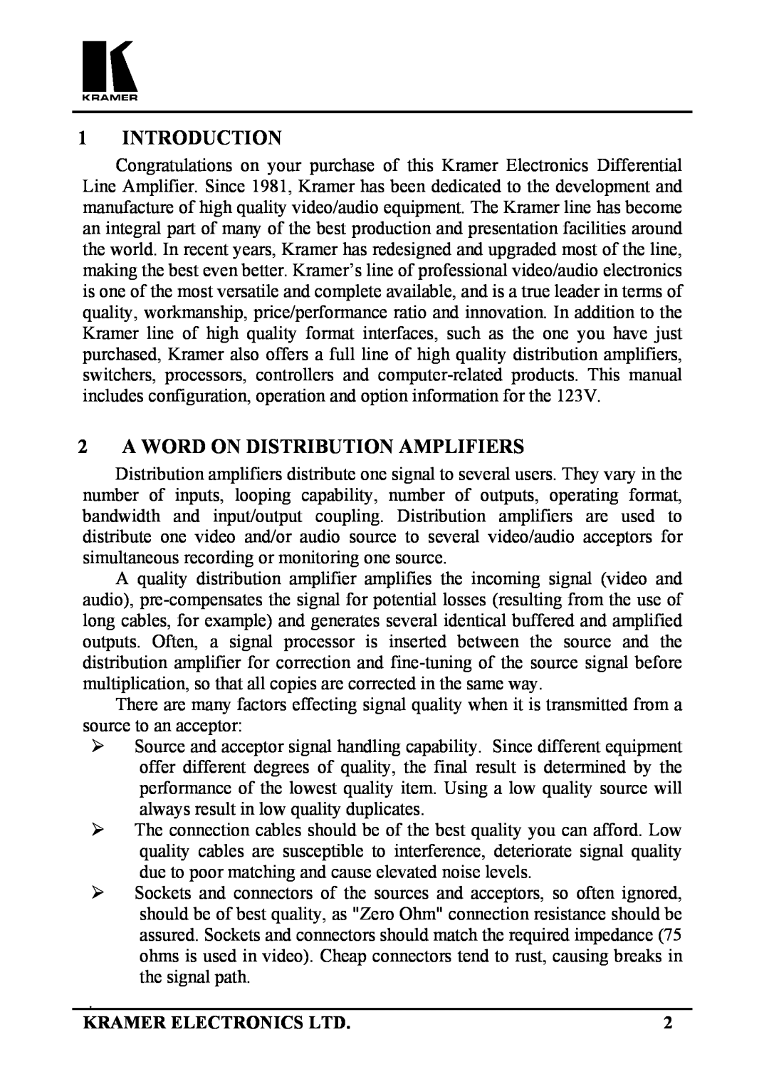 Kramer Electronics 123V user manual Introduction, A Word On Distribution Amplifiers 