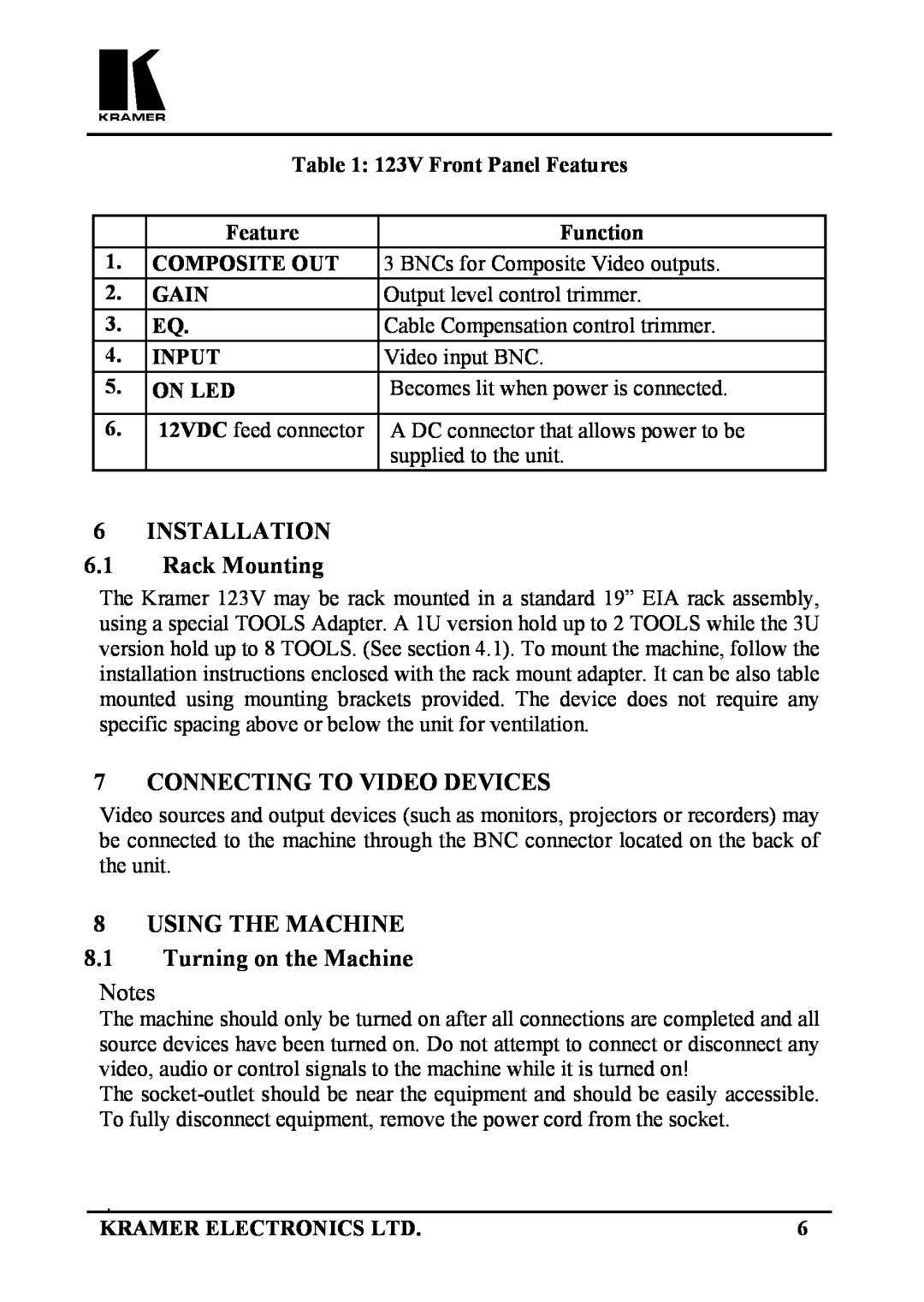 Kramer Electronics 123V user manual INSTALLATION 6.1 Rack Mounting, Connecting To Video Devices 