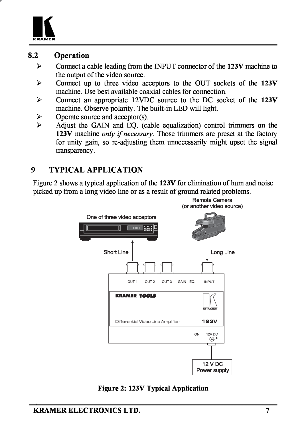 Kramer Electronics user manual the 123V machine to sockets of the, of hum and noise problems, 123V Typical Application 