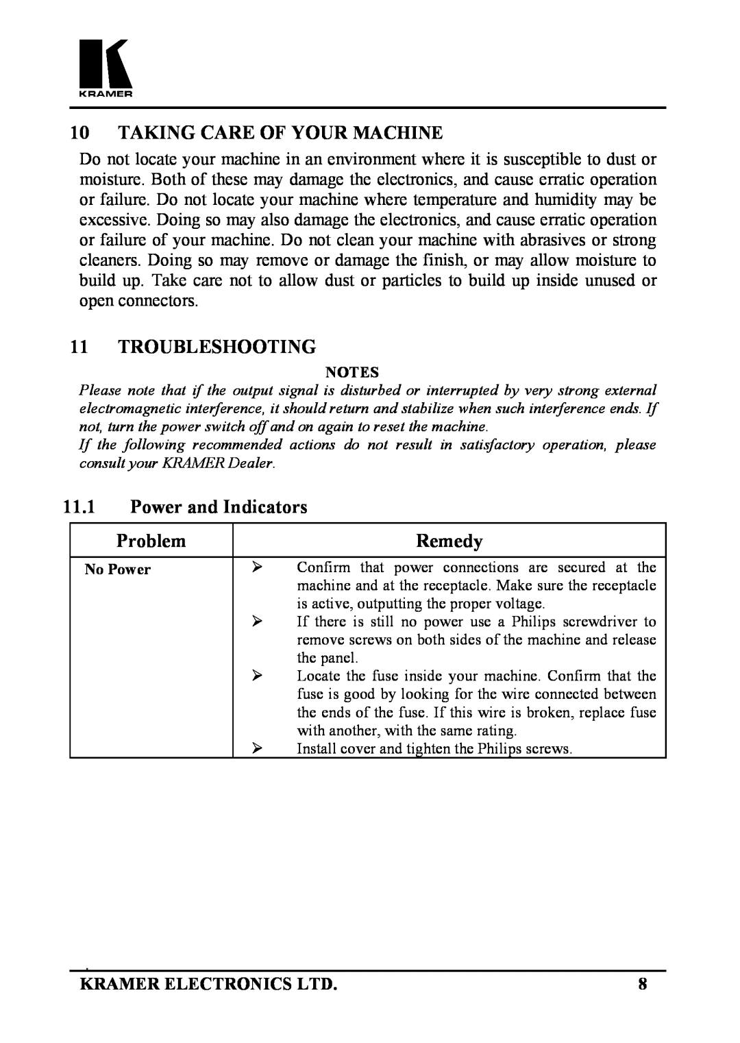 Kramer Electronics 123V user manual Taking Care Of Your Machine, Troubleshooting, Power and Indicators, Problem, Remedy 