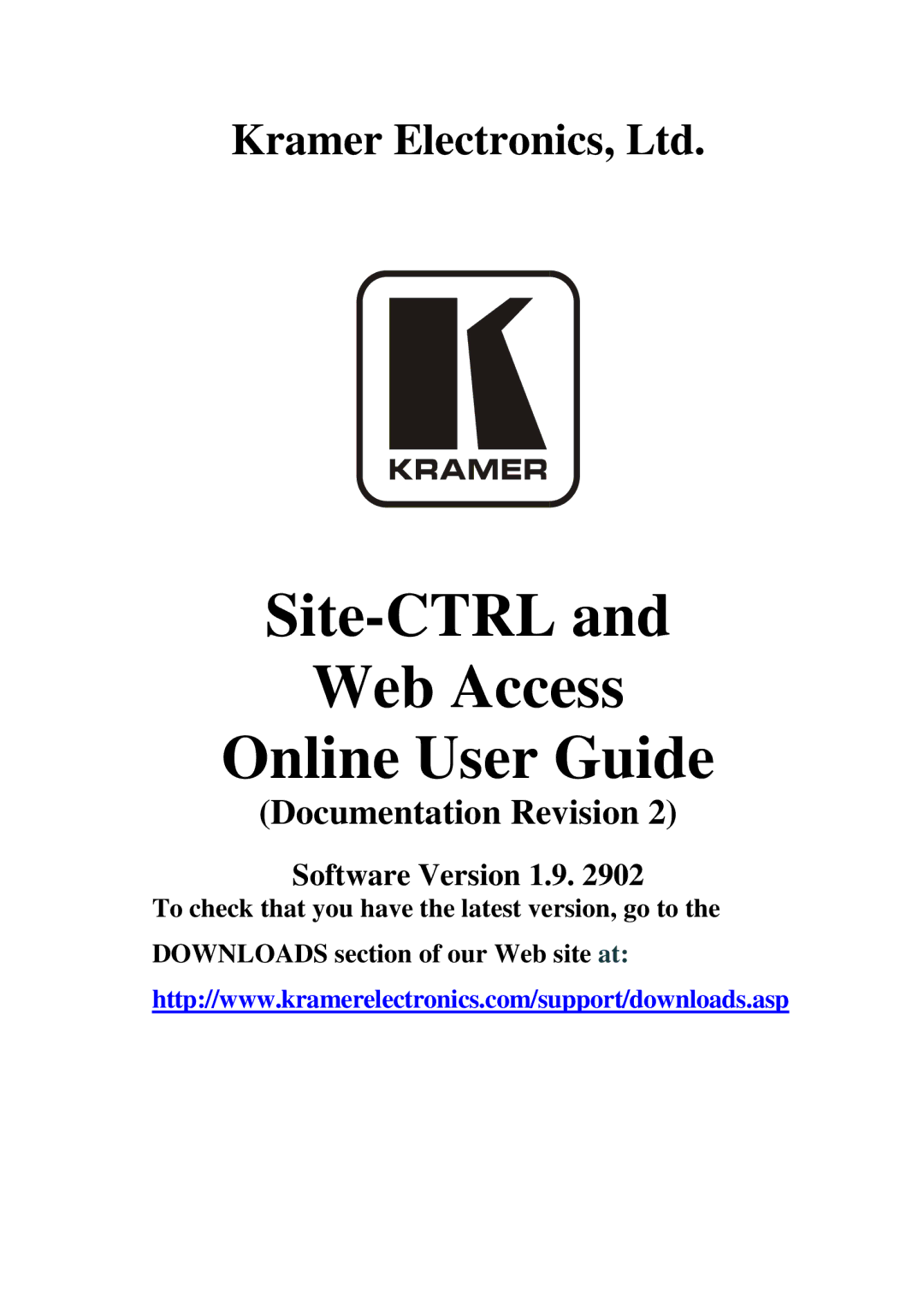Kramer Electronics Software Version 1.9. 2902, 1.9.2902 manual Site-CTRL Web Access Online User Guide 