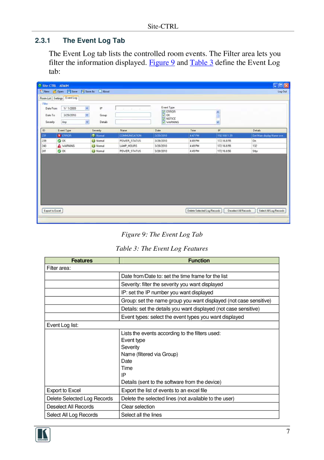 Kramer Electronics 1.9.2902, Software Version 1.9. 2902 manual Event Log Tab, Event Log Features 