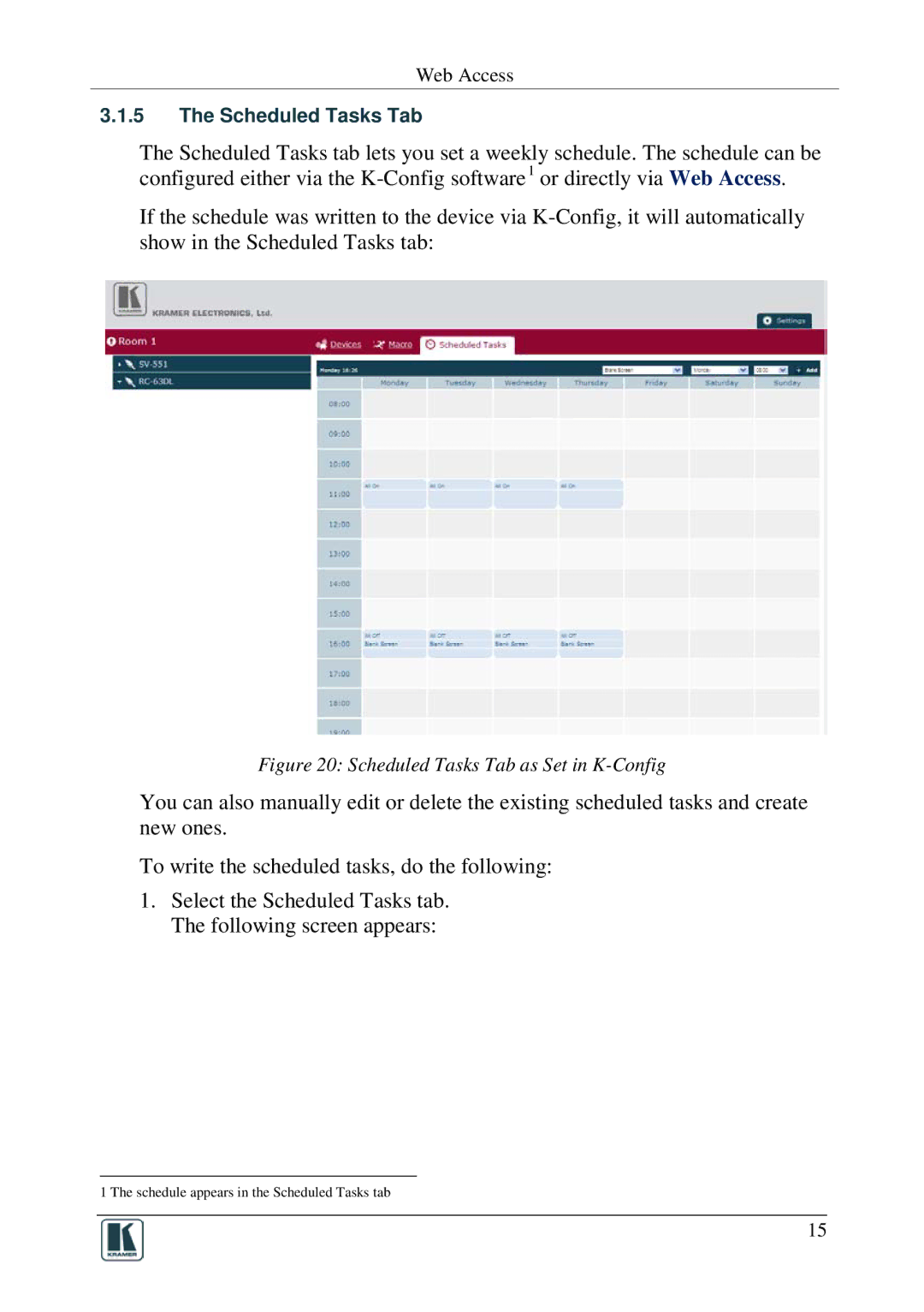 Kramer Electronics 1.9.2902, Software Version 1.9. 2902 manual Scheduled Tasks Tab 