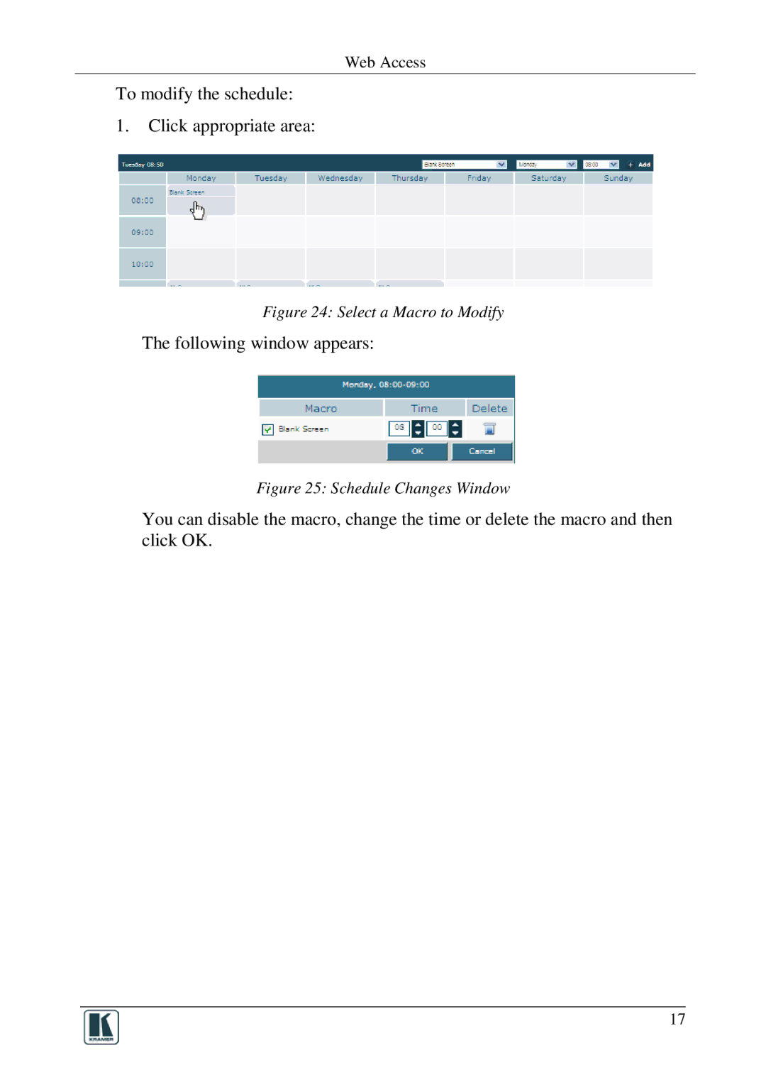 Kramer Electronics 1.9.2902, Software Version 1.9. 2902 manual To modify the schedule Click appropriate area 