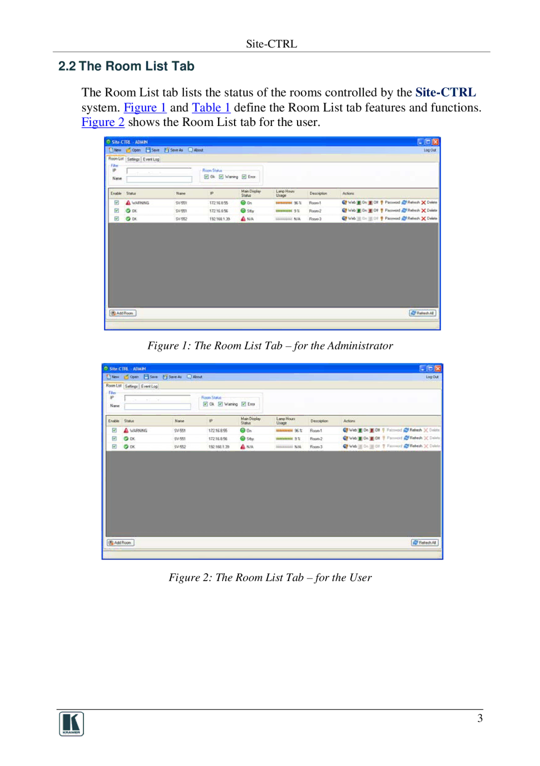 Kramer Electronics 1.9.2902, Software Version 1.9. 2902 manual Room List Tab for the Administrator 