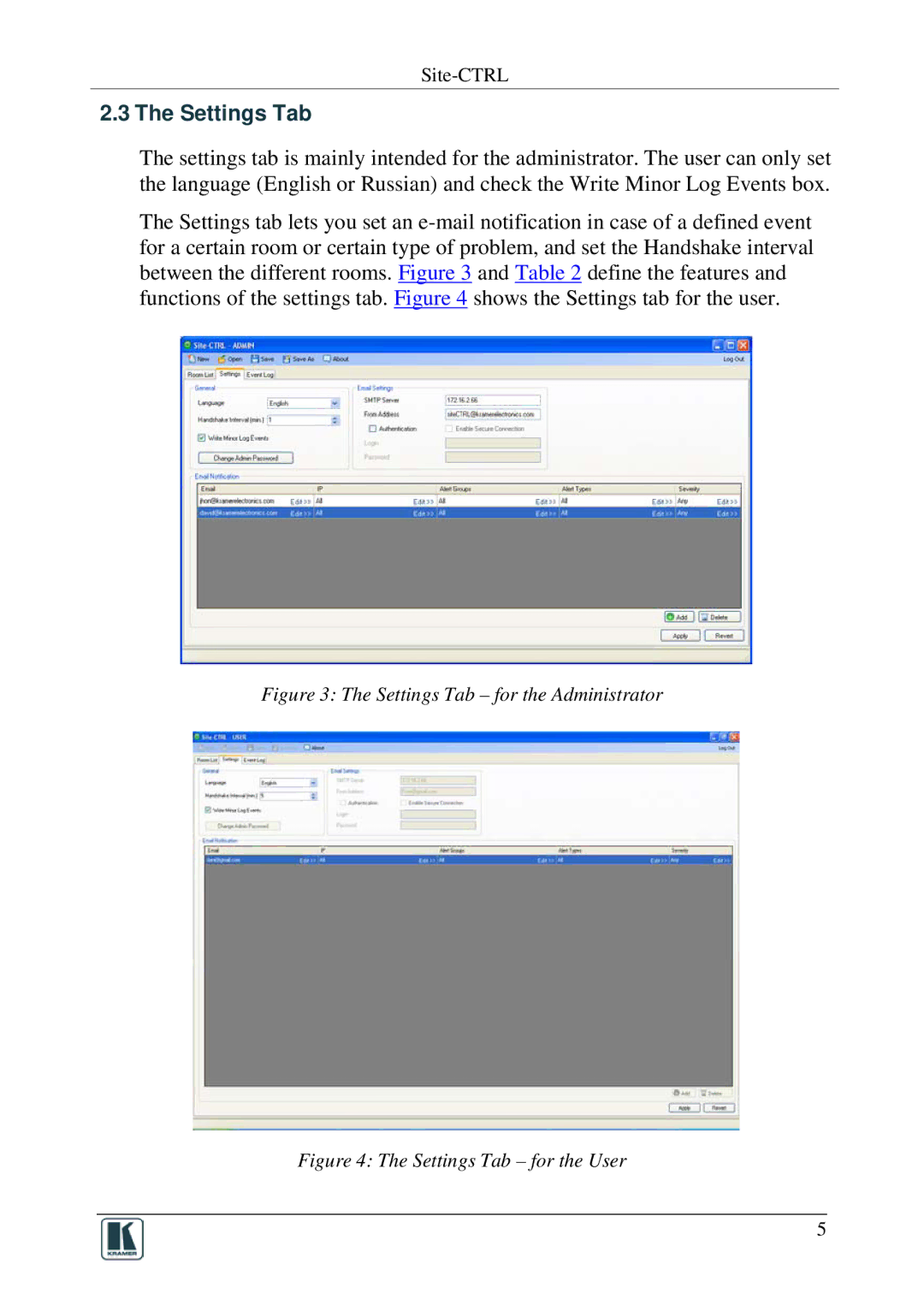 Kramer Electronics 1.9.2902, Software Version 1.9. 2902 manual Settings Tab for the Administrator 