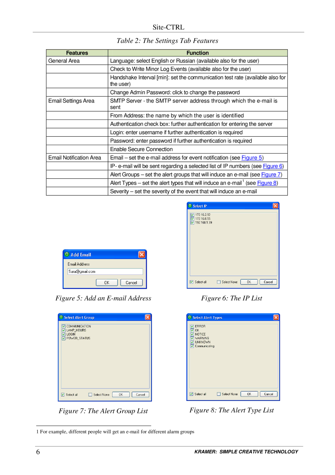 Kramer Electronics Software Version 1.9. 2902, 1.9.2902 manual Settings Tab Features, Add an E-mail Address 
