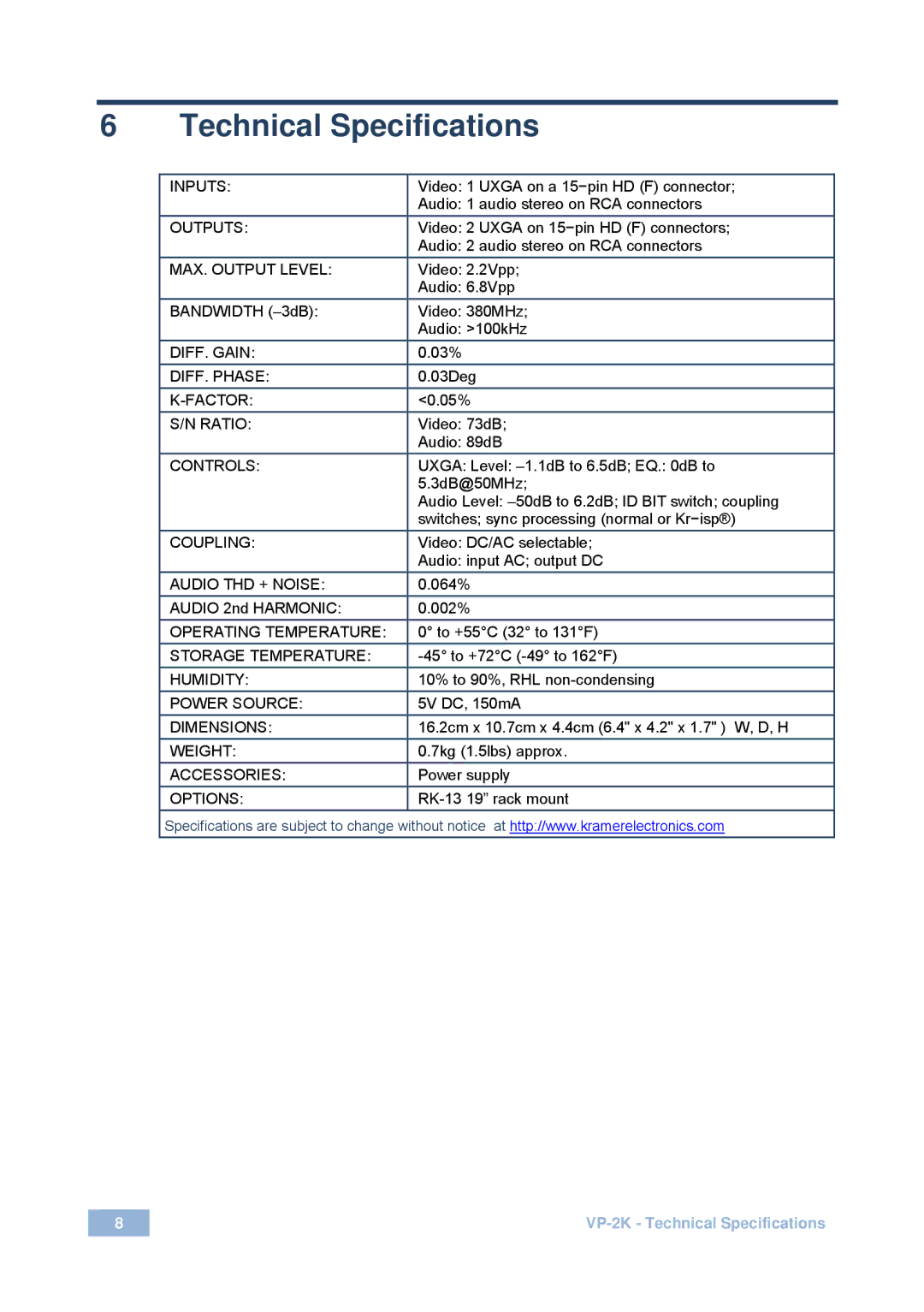 Kramer Electronics 2900-000490 Rev 3 user manual Technical Specifications, Controls 