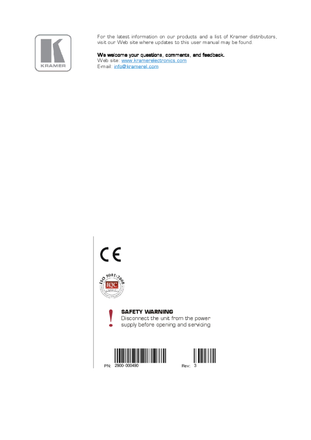 Kramer Electronics 2900-000490 Rev 3 user manual PN 2900 