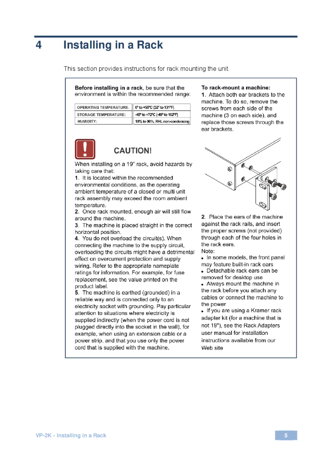 Kramer Electronics 2900-000490 Rev 3 user manual Installing in a Rack 